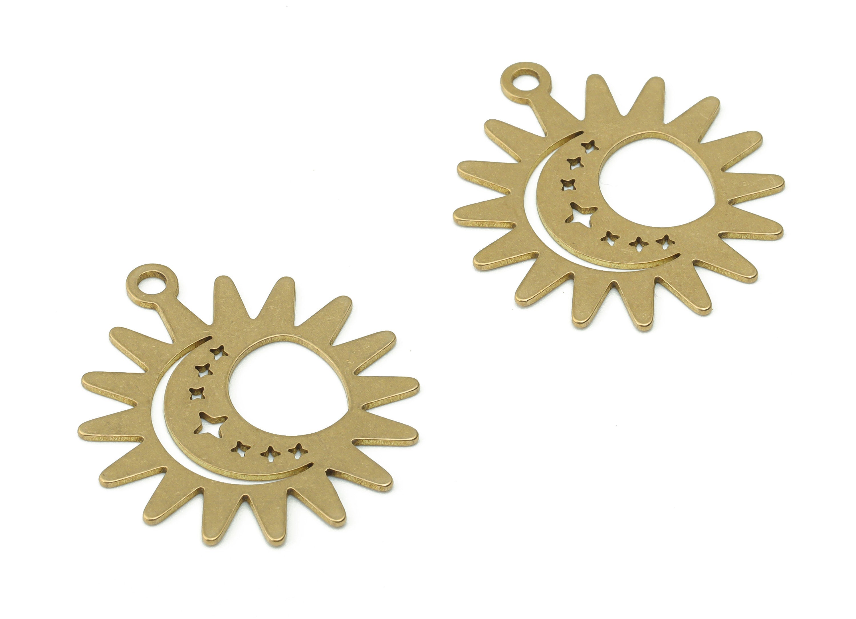 Brass Sun Crescent Earring Charms - Raw Brass Planet Moon Stars Pendant - DIY Jewelry Making Supplies - 27.79x24.39x0.65mm - PPZ0077 - DOMEDBAZAAR