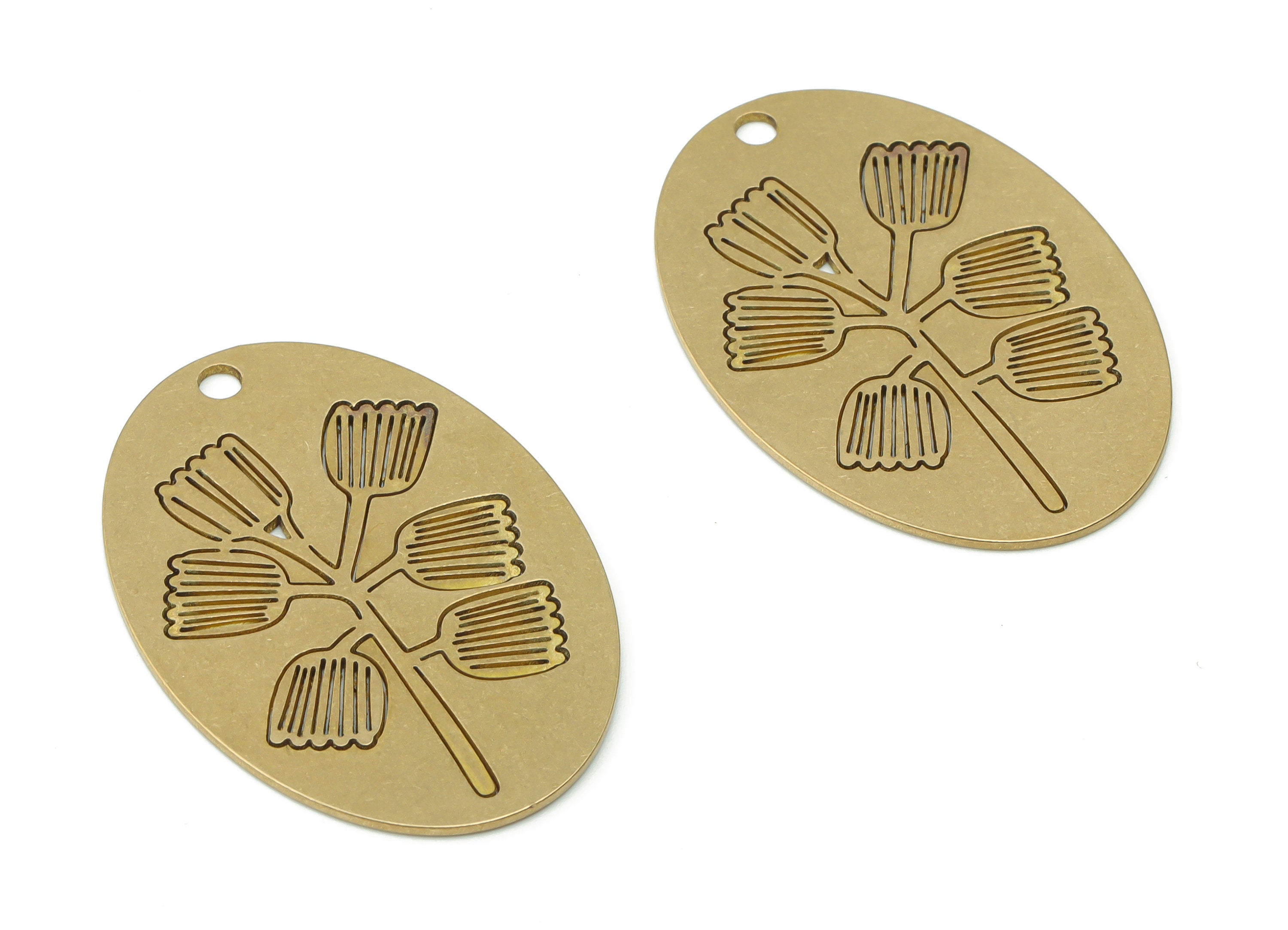 Brass Oval Flower Earring Charms - Raw Brass Flower Oval Pendant - DIY Jewelry Making Supplies - 34.88x24x0.68mm - PPA0366 - DOMEDBAZAAR