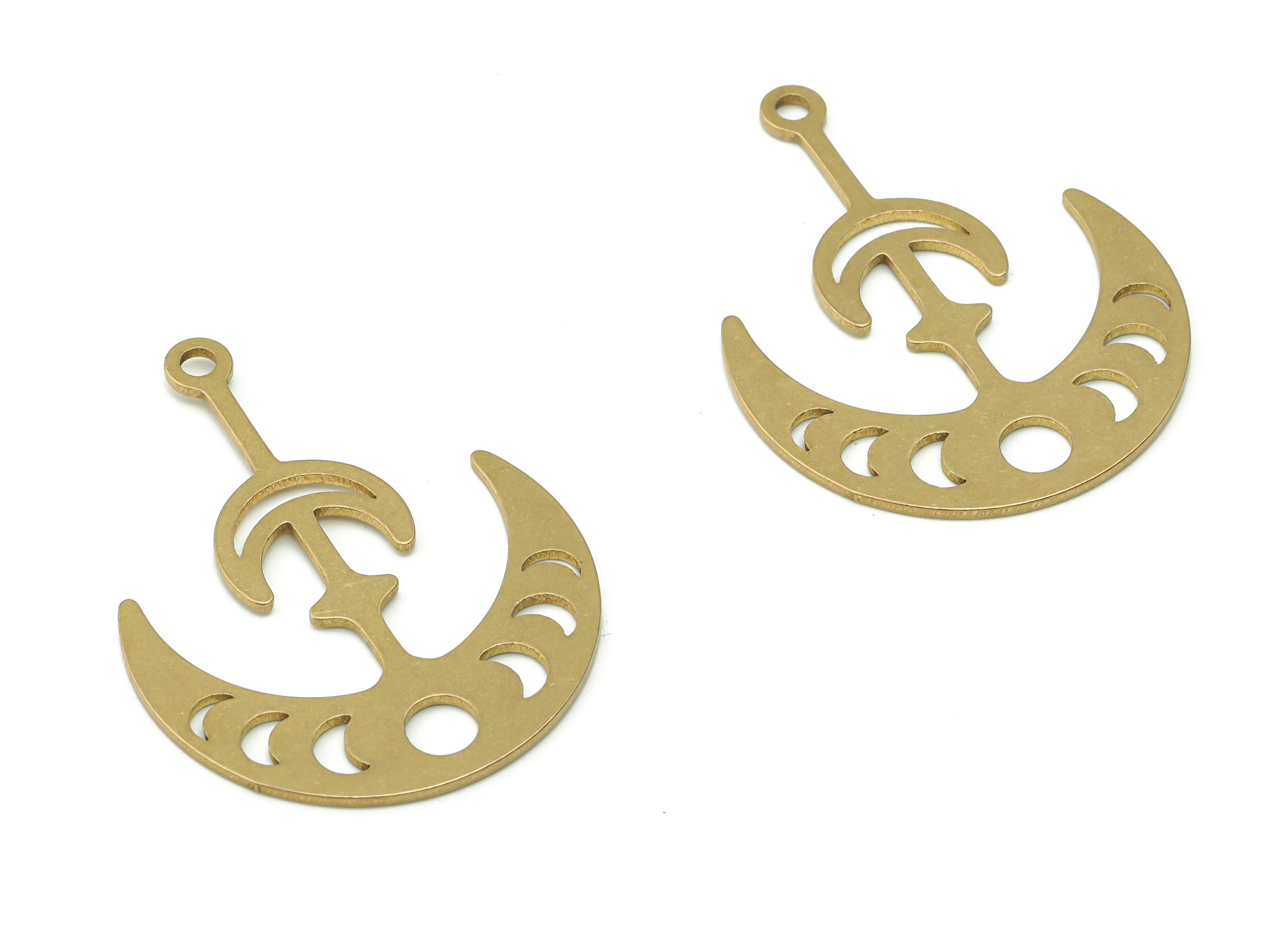 Brass Crescent Planet Earring Charms - Raw Brass Phases of Moon Pendant - DIY Jewelry Making Supplies - 35.69x26.92x0.88mm - PPZ0052 - DOMEDBAZAAR