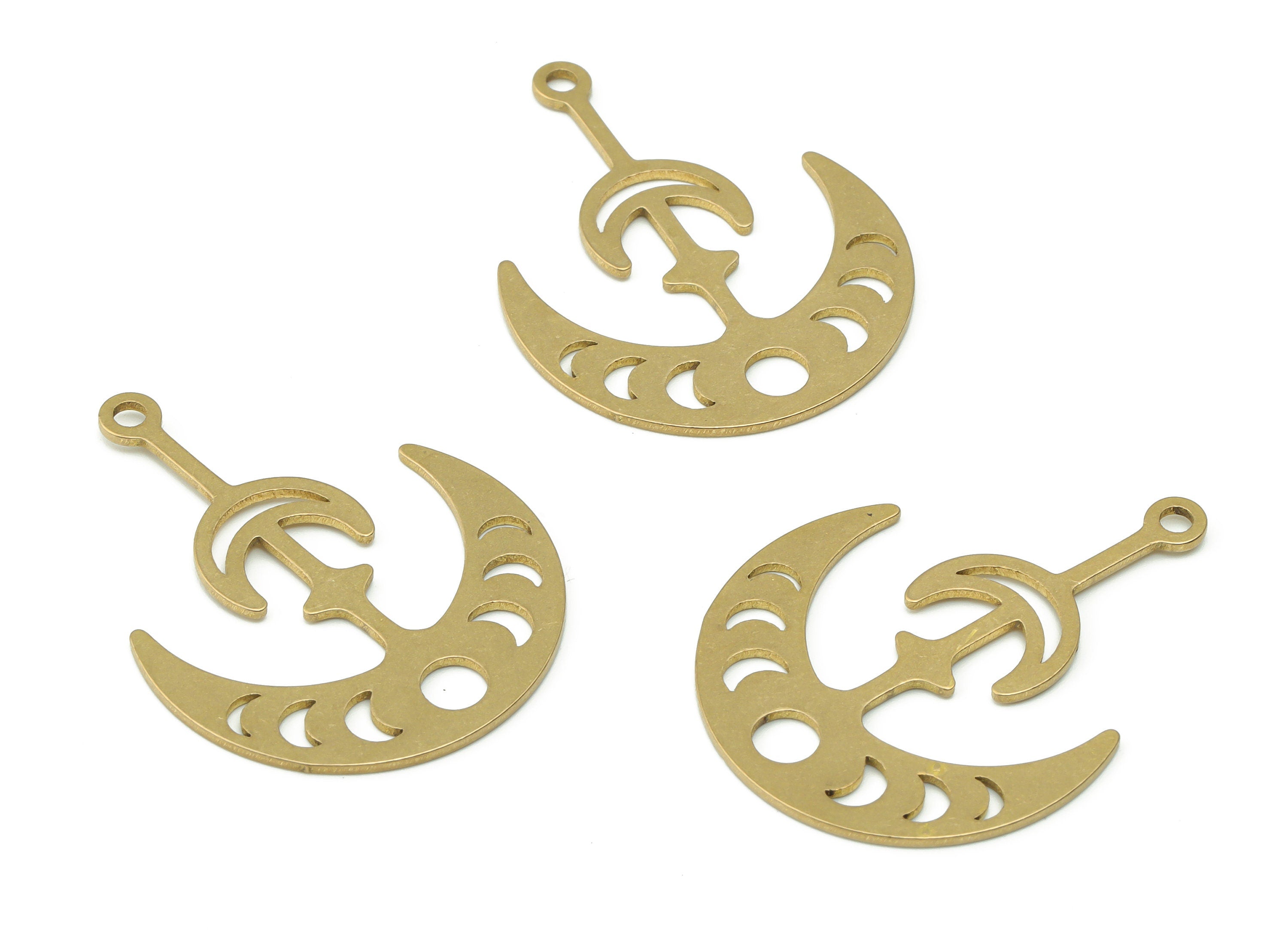 Brass Crescent Planet Earring Charms - Raw Brass Phases of Moon Pendant - DIY Jewelry Making Supplies - 35.69x26.92x0.88mm - PPZ0052 - DOMEDBAZAAR