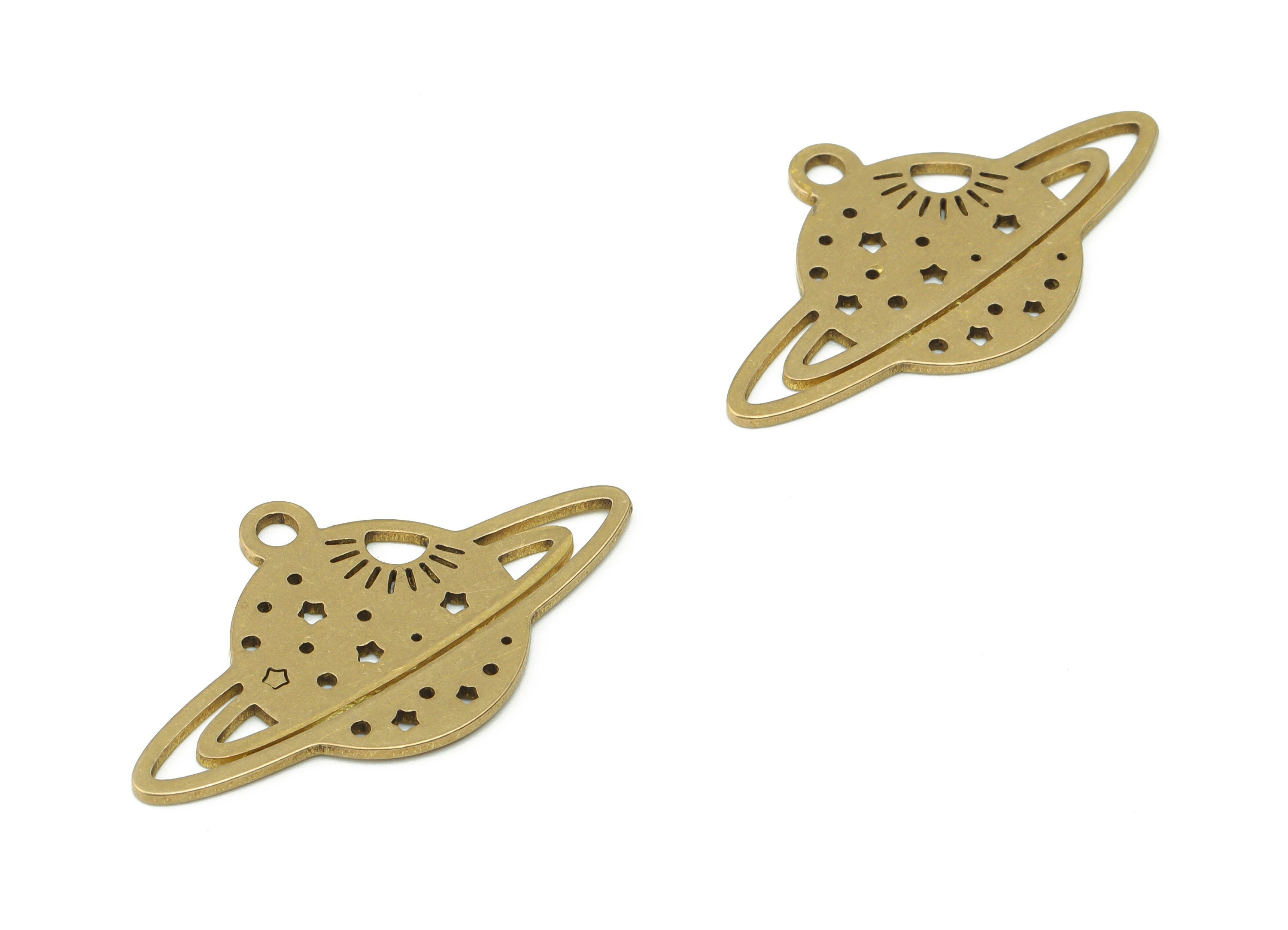Brass Round Planet Earring Charms - Raw Brass Saturn Sun Universe Pendant - Jewelry Making Supplies - 34.66x20.5x0.86mm - PPZ0072 - DOMEDBAZAAR
