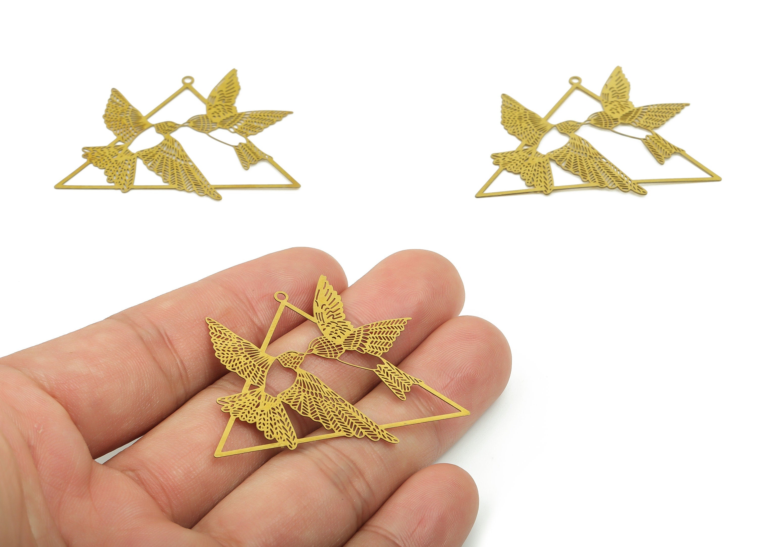 Brass Triangle Earring Charms - Raw Brass Flying kissing Birds Pendant - DIY Jewelry Making Supplies - 47.49x37.91x0.33mm - JJB6777 - DOMEDBAZAAR