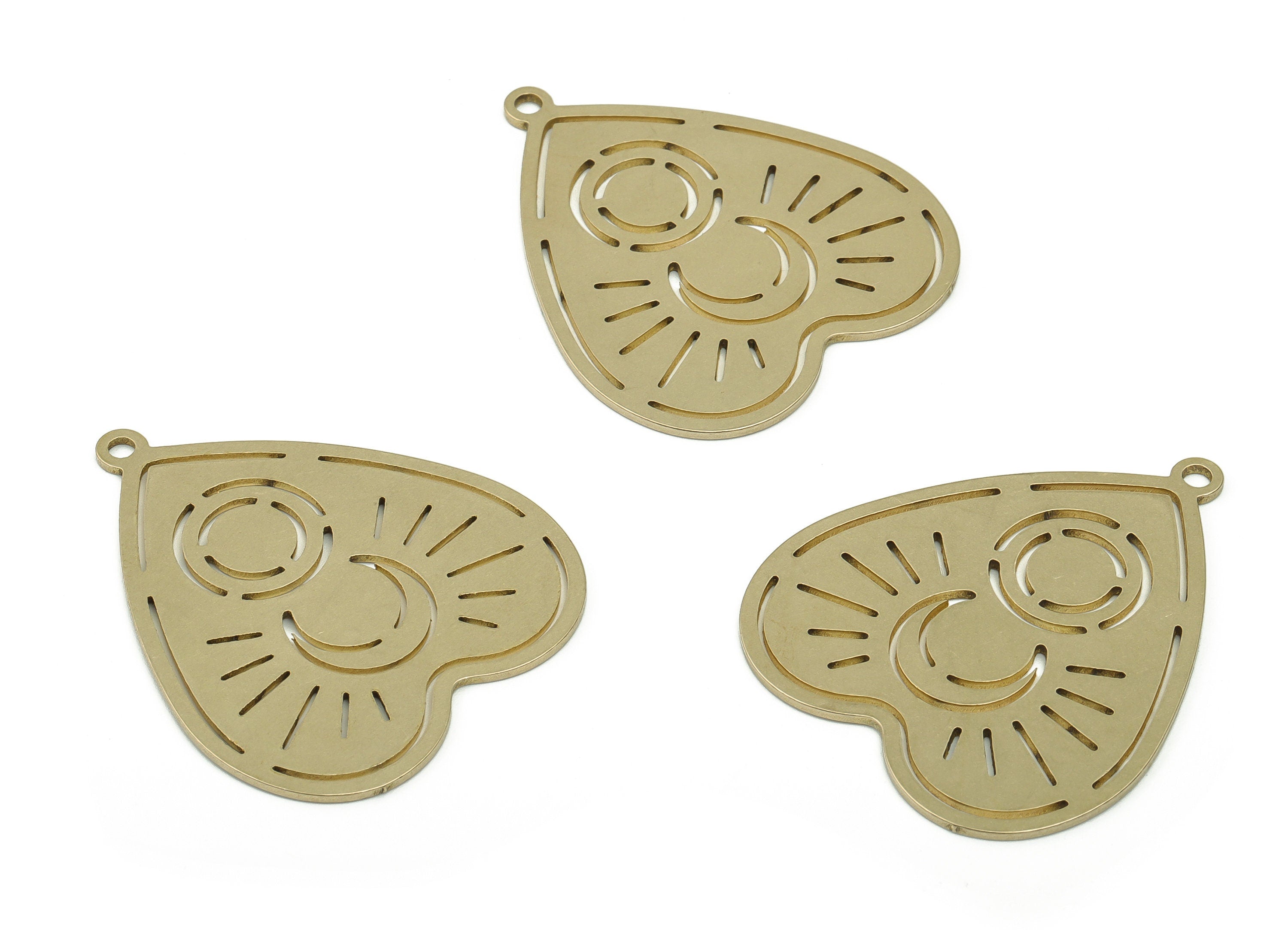 Brass Heart Earring Charms - Raw Brass Sun Moon Pendant - DIY Jewelry Making Supplies - 37.7x32.07x0.9mm - PPZ0045 - DOMEDBAZAAR