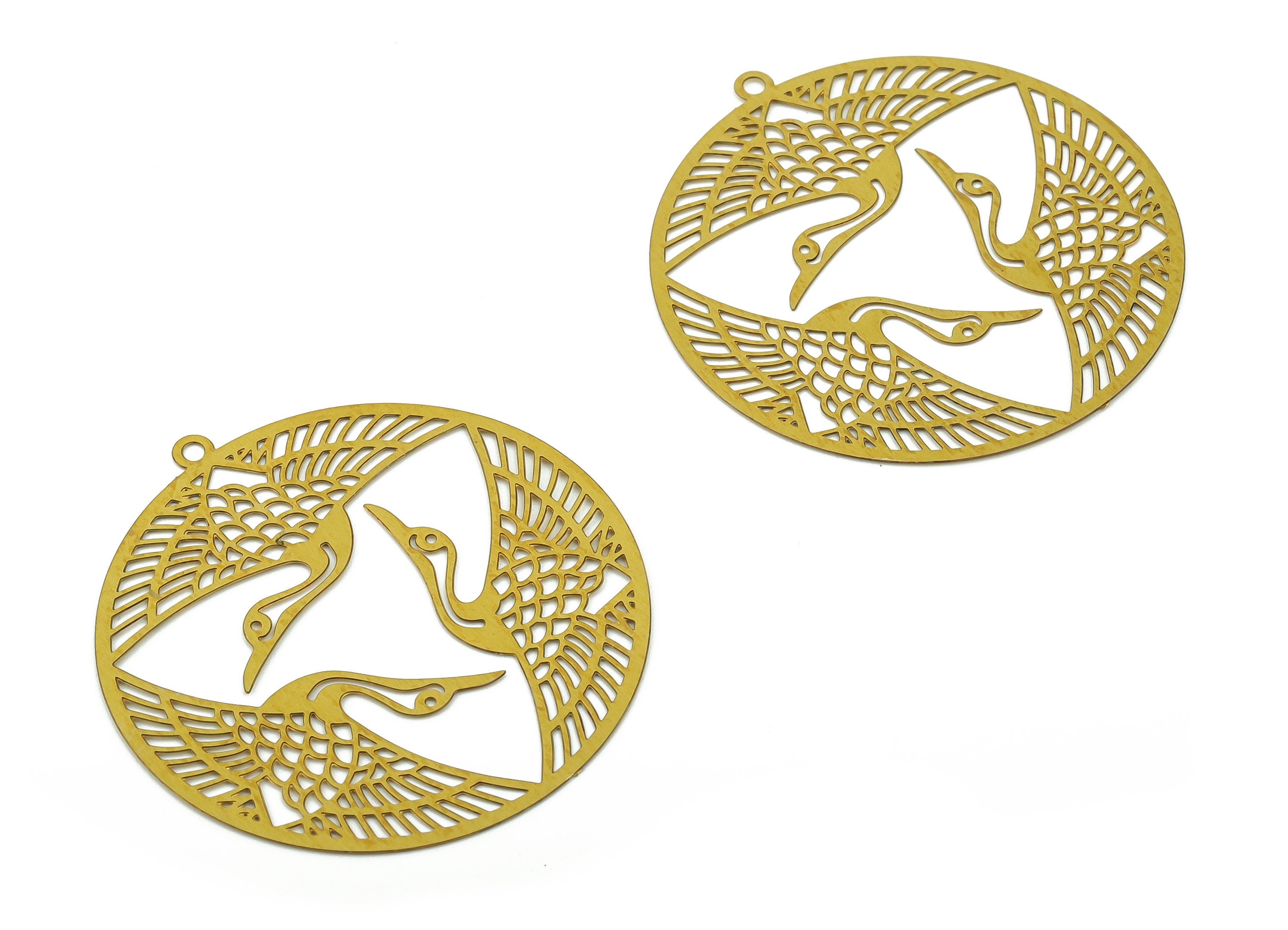 Raw Brass Round Earrings Charm - Brass Round Crane Pendant Charm - Unique Laser Cut Jewelry - Jewelry Supplies -37.14x35.05x0.28mm- JJB6780 - DOMEDBAZAAR