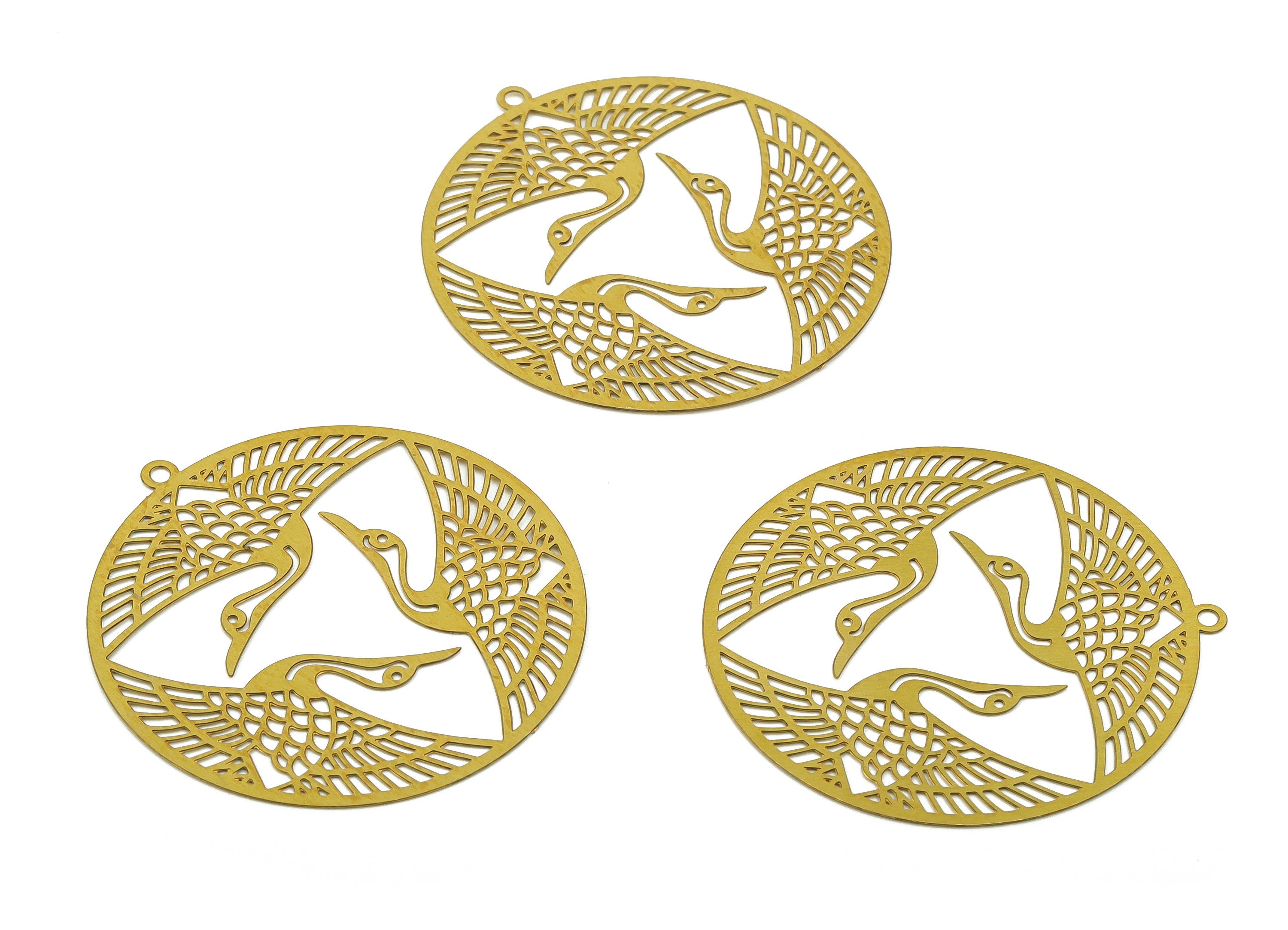 Raw Brass Round Earrings Charm - Brass Round Crane Pendant Charm - Unique Laser Cut Jewelry - Jewelry Supplies -37.14x35.05x0.28mm- JJB6780 - DOMEDBAZAAR