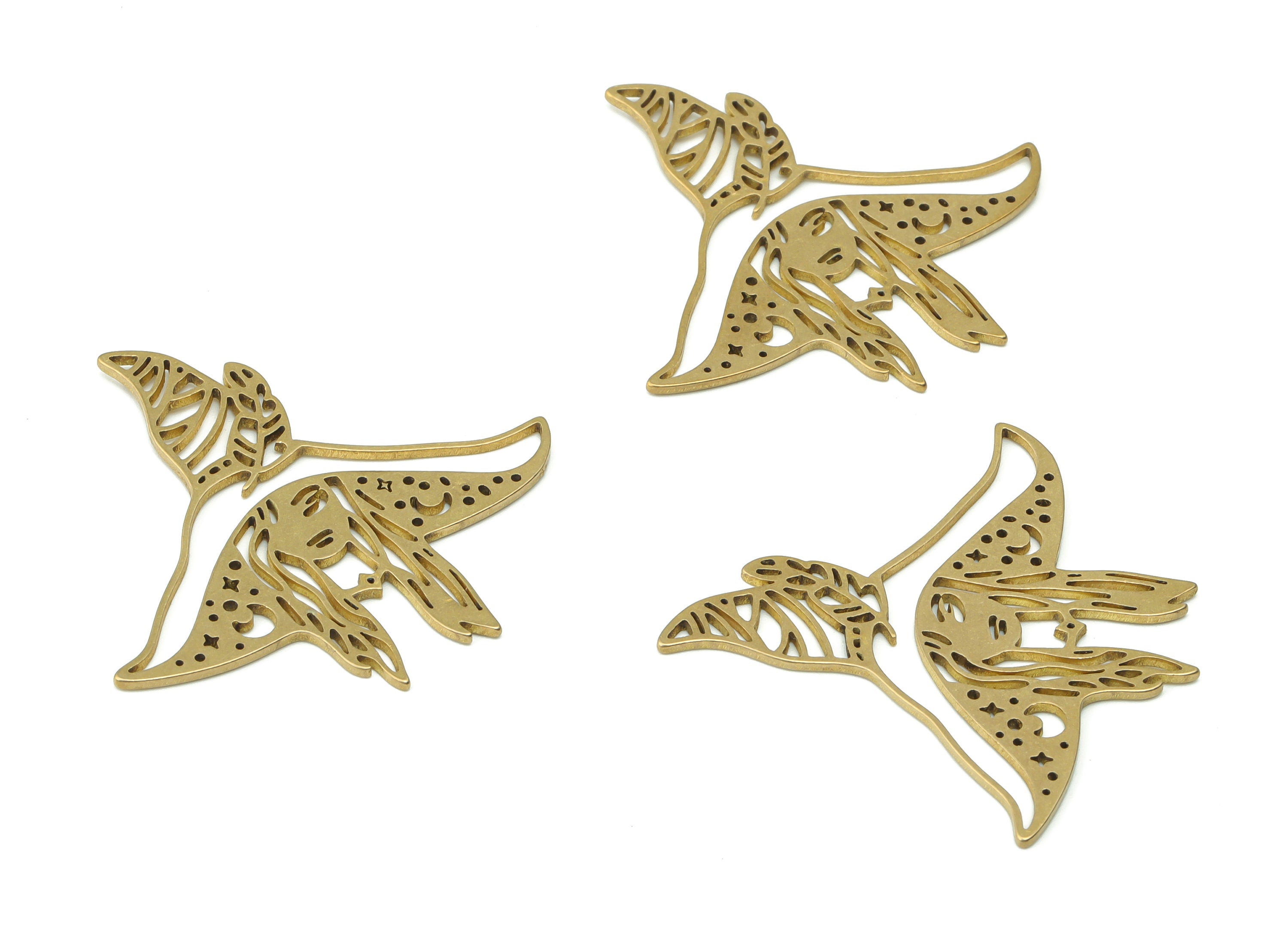 Brass Long-haired Woman Leaves Earring Charms - Raw Brass Phases of Moon Featureshat Witch Pendant - 37.24x37.08x0.91mm - PPZ0080 - DOMEDBAZAAR