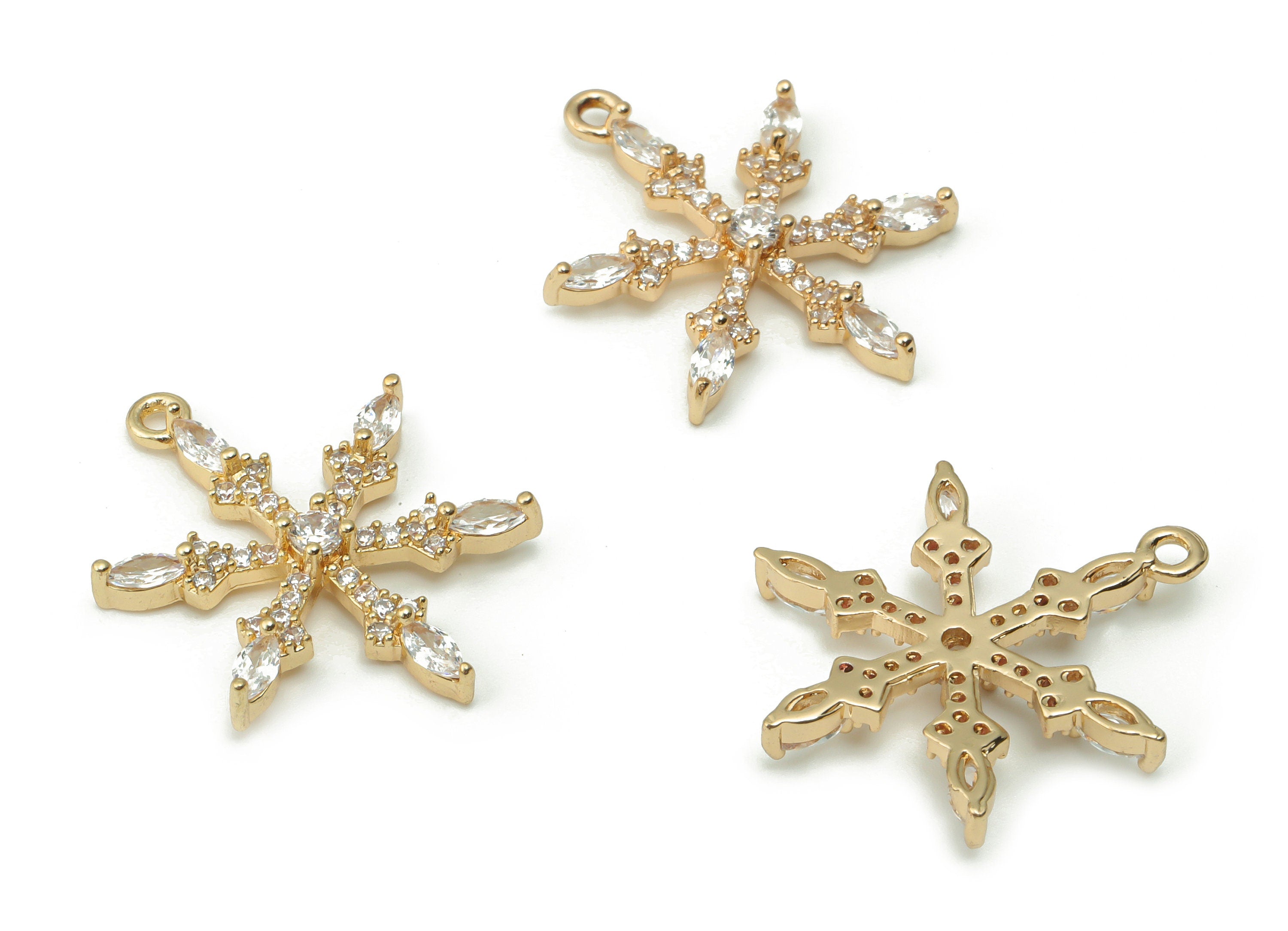 Brass Snowflake Earring Charms With Zircons - Gold Snowflake Pendant - Gold Tone Plated Brass - Jewelry Supplies - 23.5x18.4x3.1mm - PP4919G - DOMEDBAZAAR
