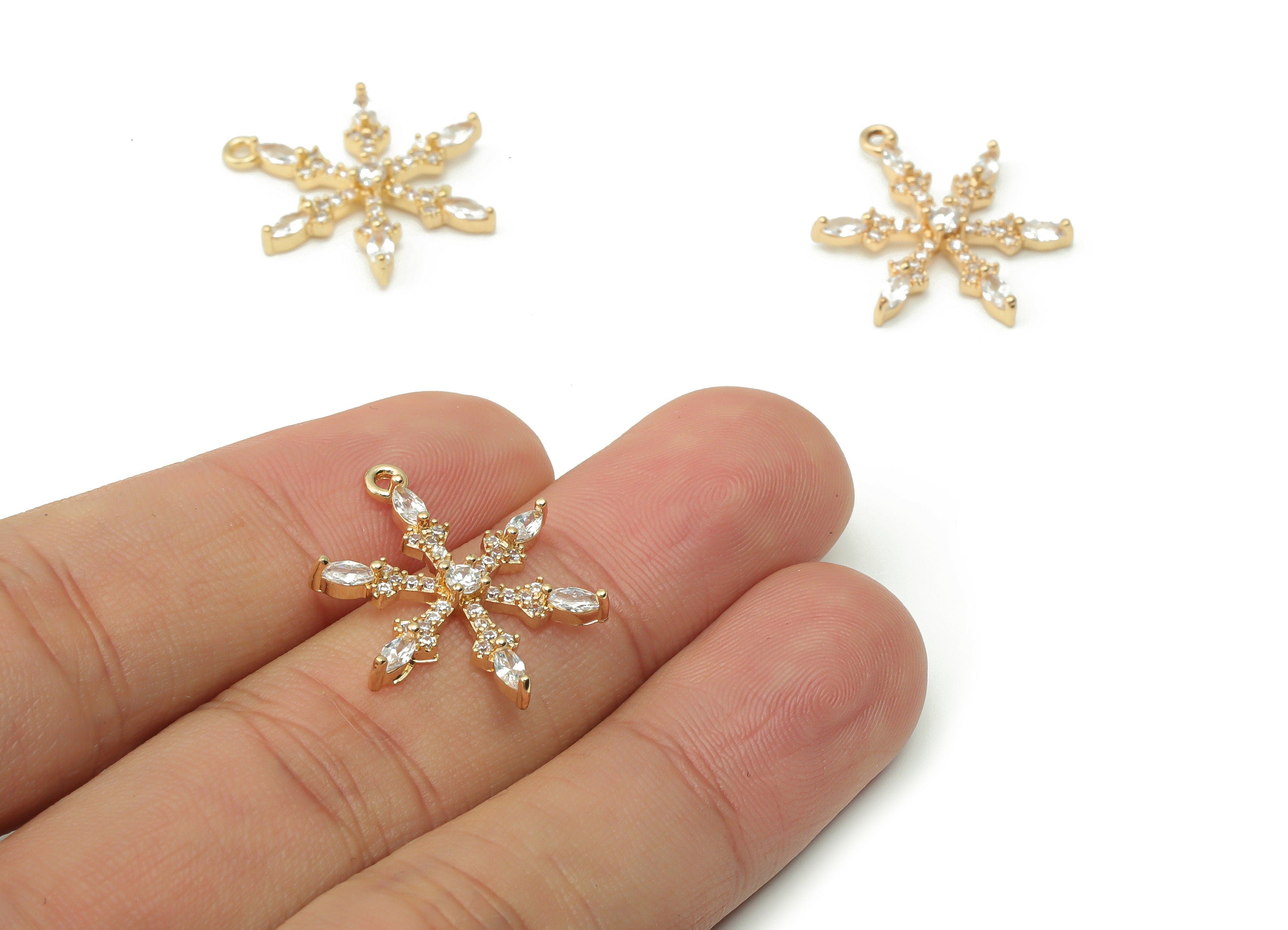 Brass Snowflake Earring Charms With Zircons - Gold Snowflake Pendant - Gold Tone Plated Brass - Jewelry Supplies - 23.5x18.4x3.1mm - PP4919G - DOMEDBAZAAR