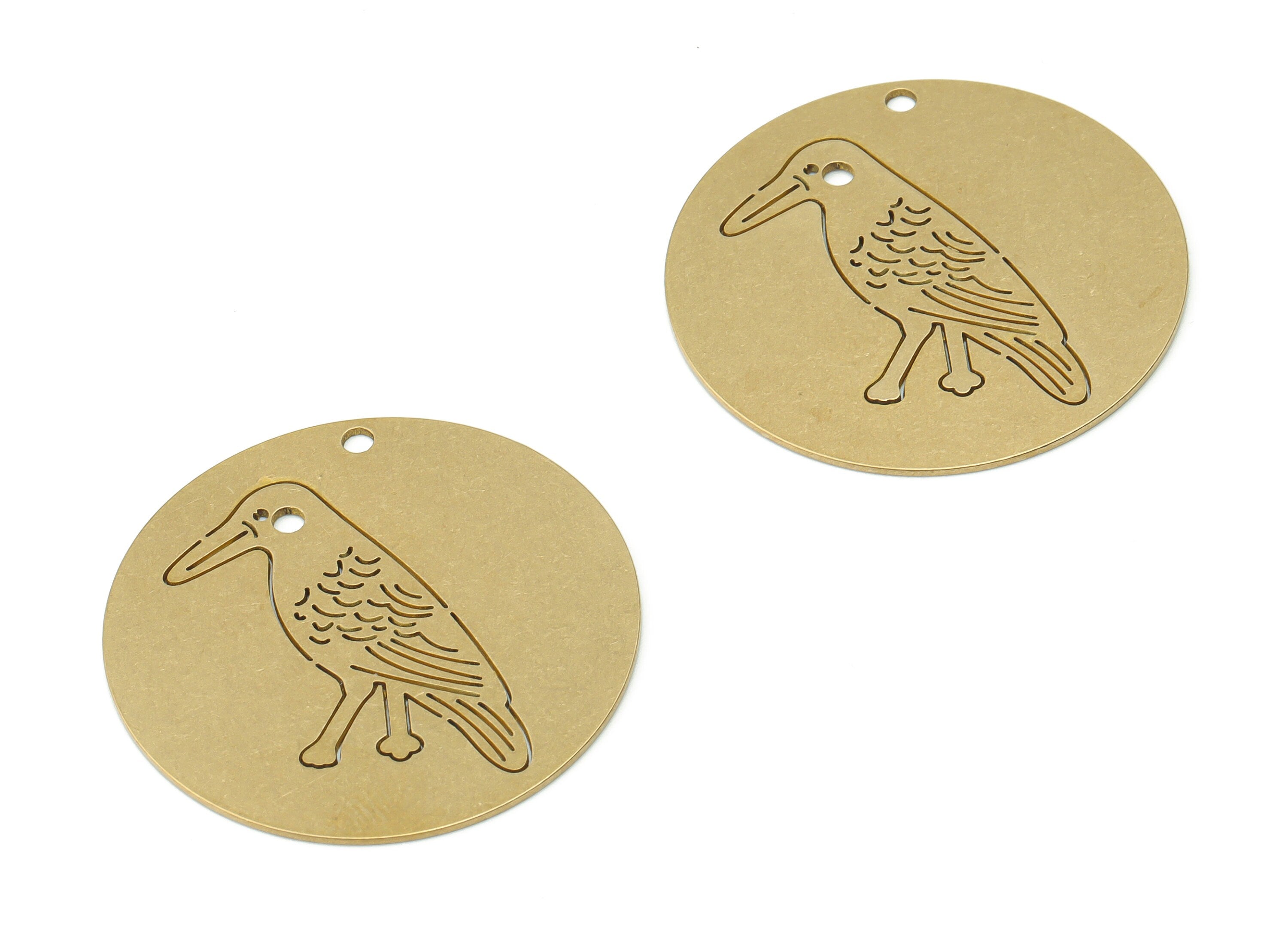 Brass Round Woodpecker Crow Earring Charms - Raw Brass Woodpecker Circle Pendant - Jewelry Making Supplies - 34.77x34.77x0.67mm - PPA0373 - DOMEDBAZAAR
