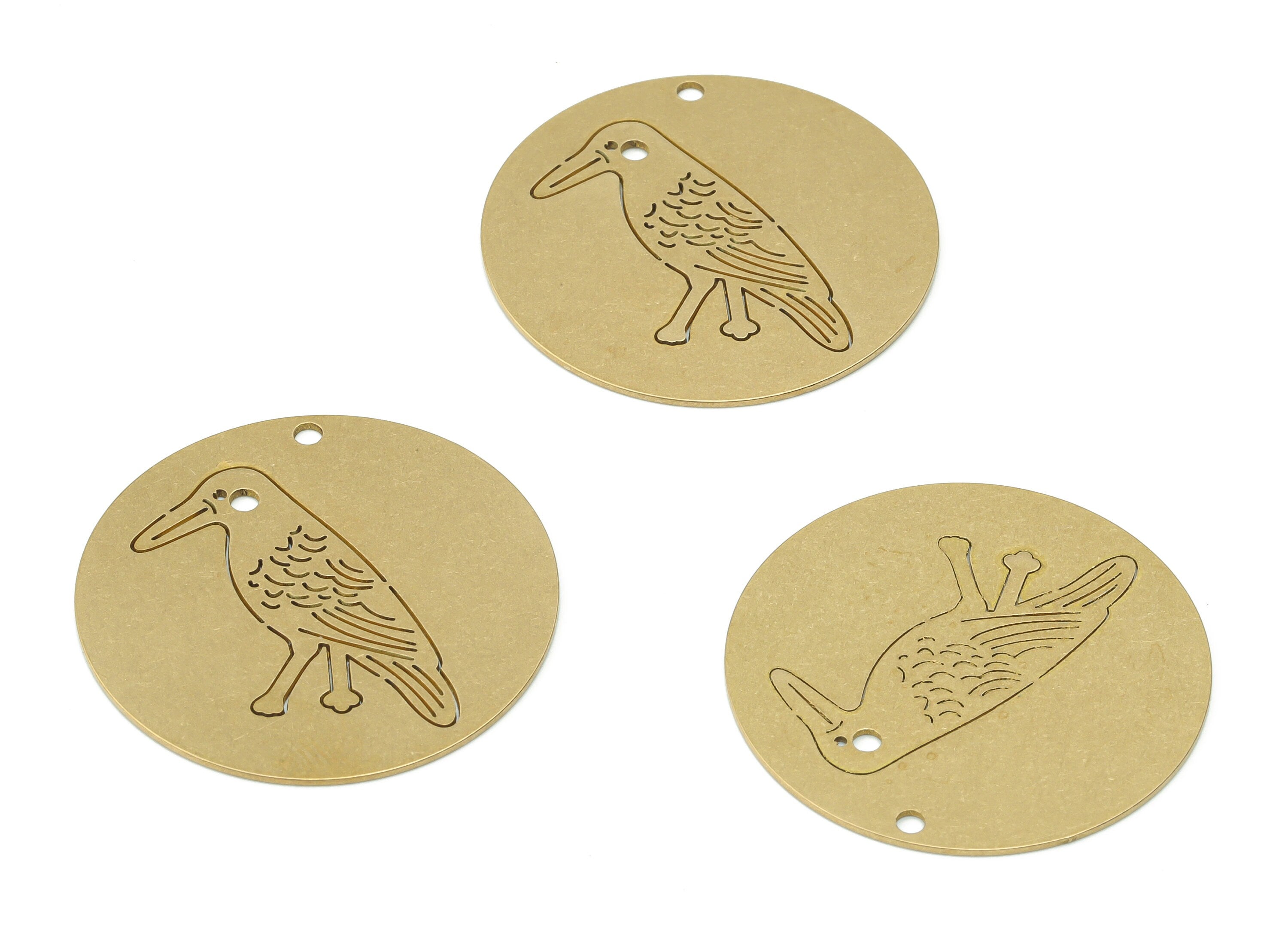 Brass Round Woodpecker Crow Earring Charms - Raw Brass Woodpecker Circle Pendant - Jewelry Making Supplies - 34.77x34.77x0.67mm - PPA0373 - DOMEDBAZAAR