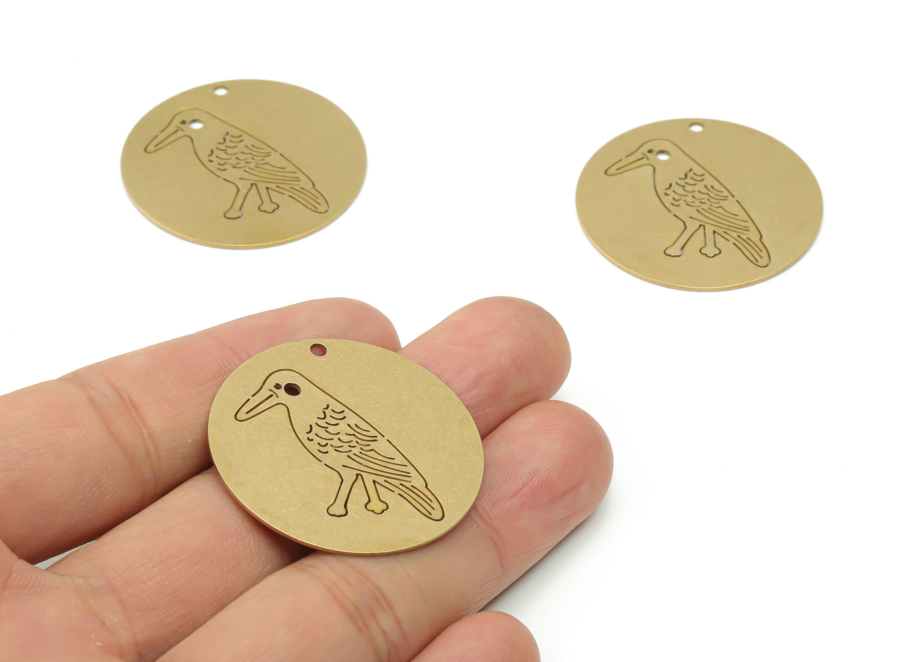 Brass Round Woodpecker Crow Earring Charms - Raw Brass Woodpecker Circle Pendant - Jewelry Making Supplies - 34.77x34.77x0.67mm - PPA0373 - DOMEDBAZAAR
