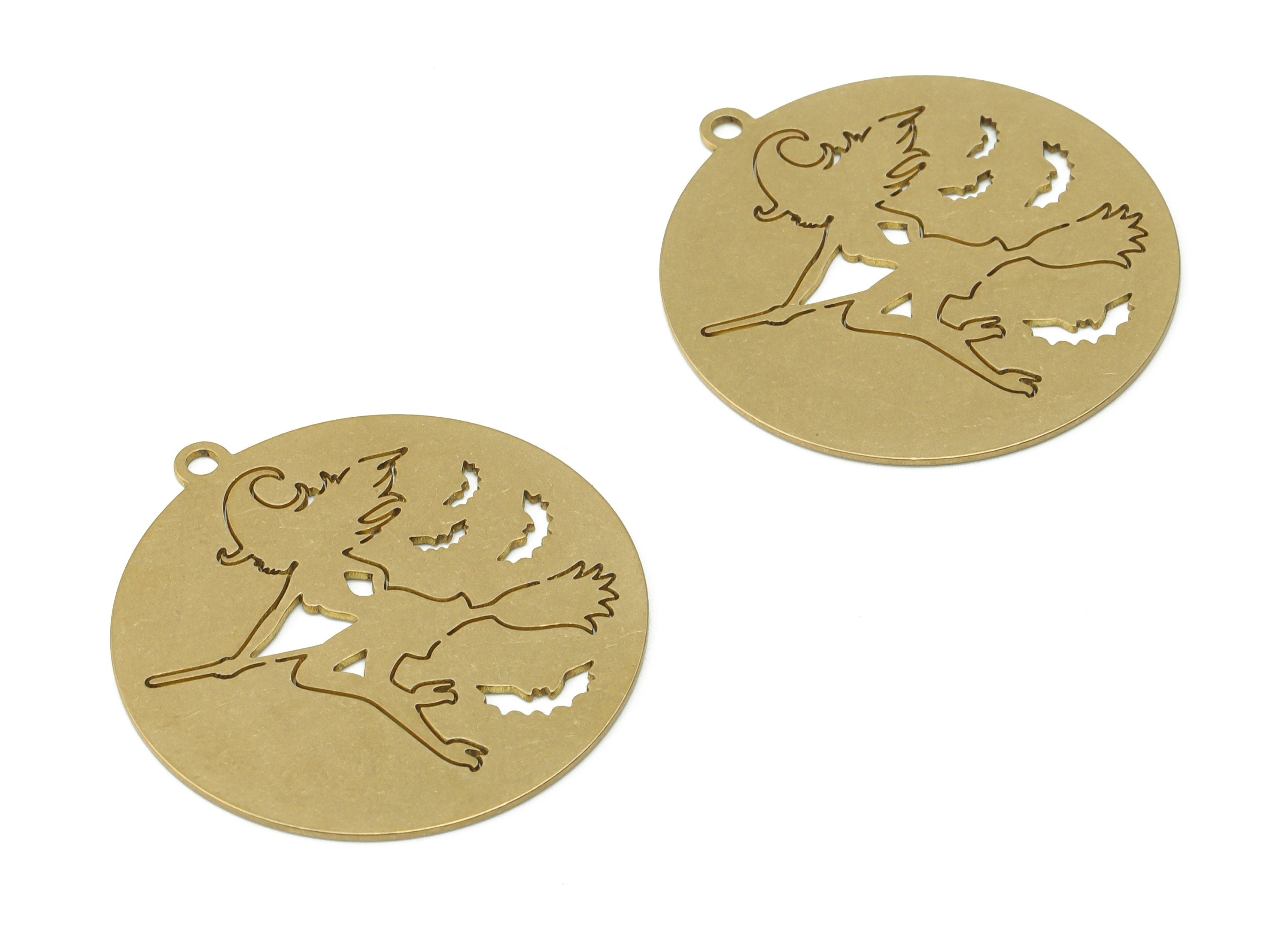 Brass Round Woman Riding On Broom Witch Earring Charms - Raw Brass Bat Circle Witches-Broom Pendant - 37.53x34.87x0.65mm - PPZ0091 - DOMEDBAZAAR