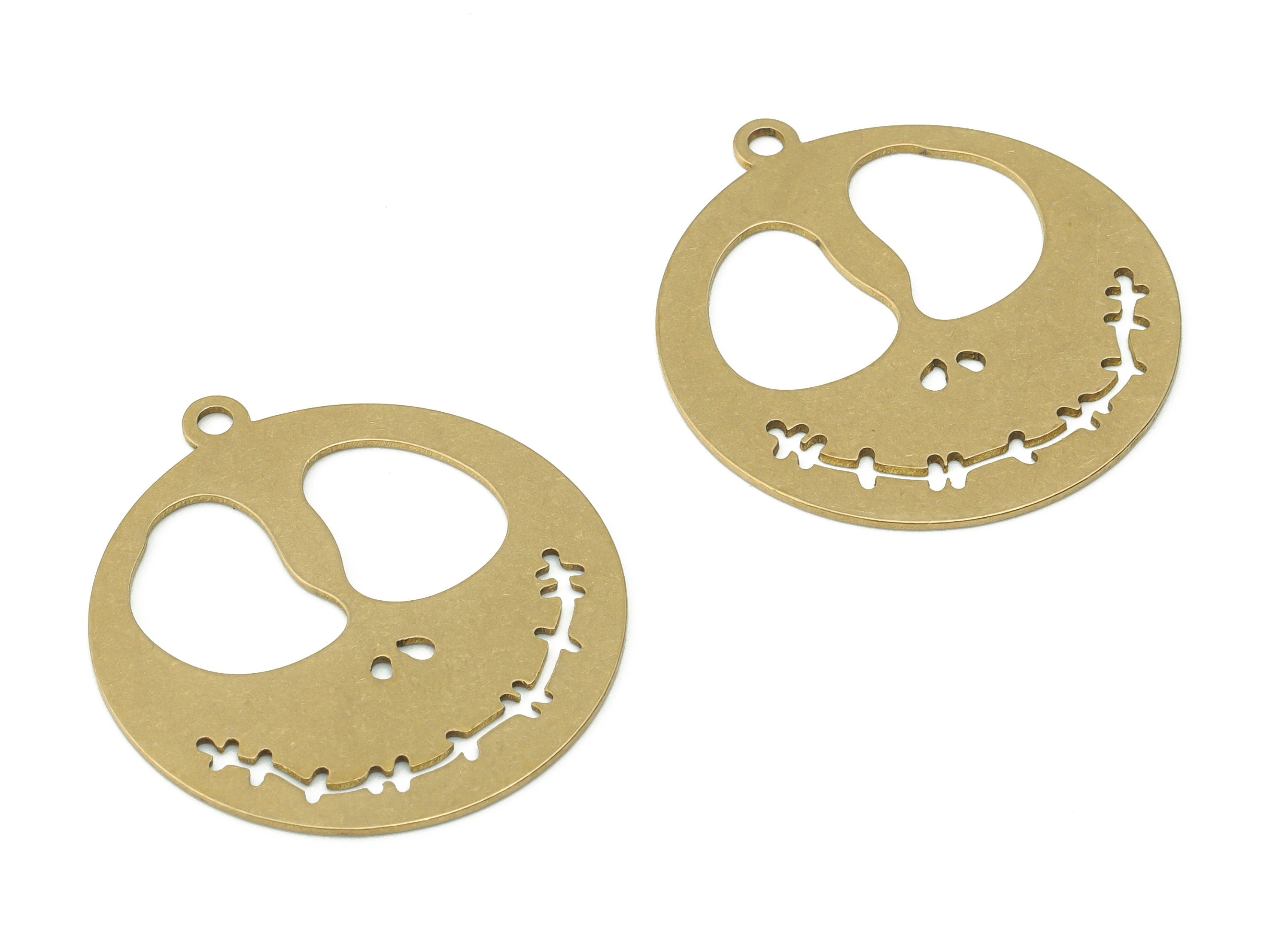 Brass Round Branch Earring Charms - Raw Brass Smiley Skull Pendant - DIY Jewelry Making Supplies - 32.86x29.85x0.6mm - PPZ0064 - DOMEDBAZAAR