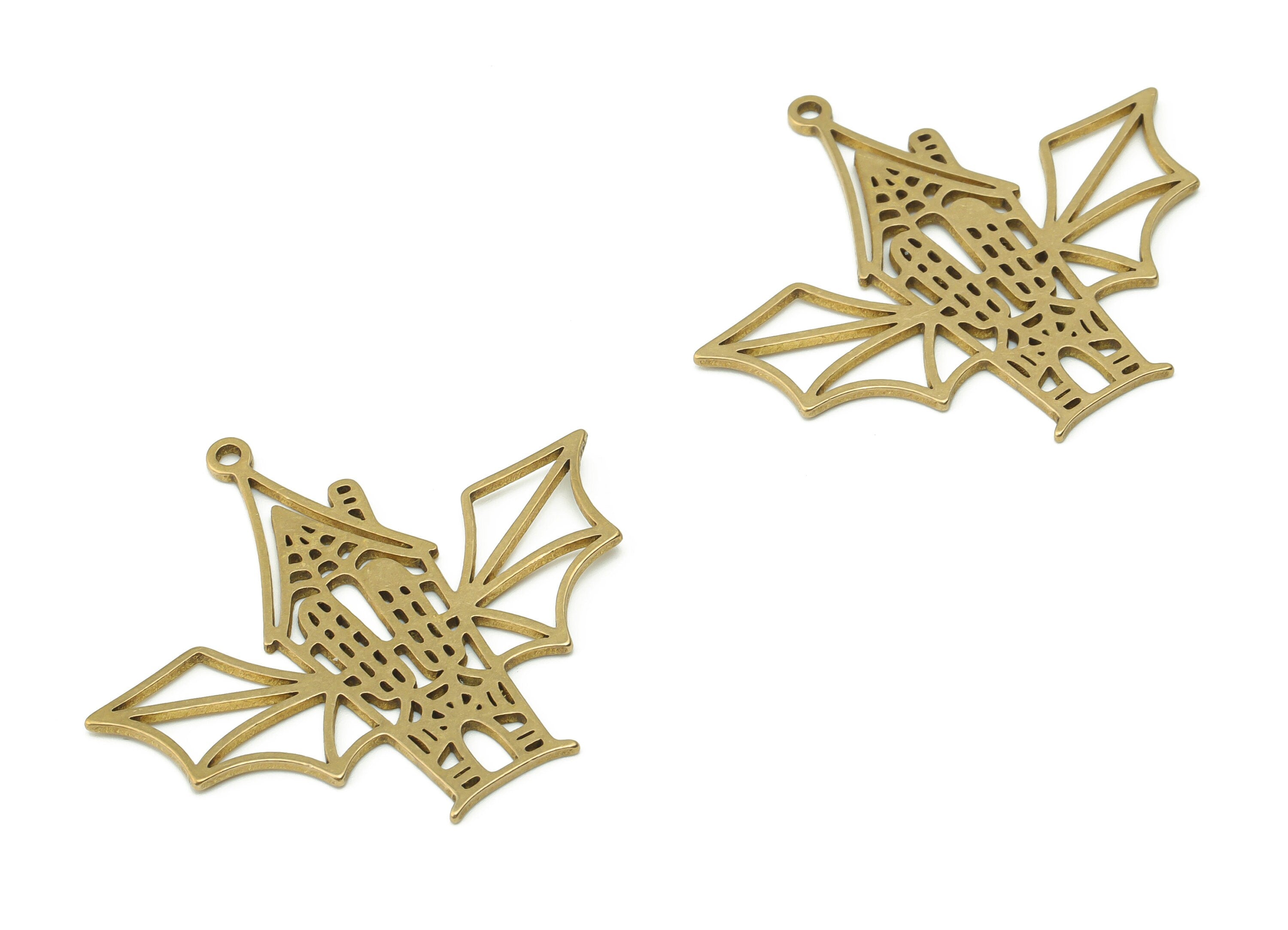 Brass Windmill Bat House Earring Charms - Raw Brass Bat House Pendant - DIY Jewelry Making Supplies - 37.8x34.24x0.86mm - PPZ0069 - DOMEDBAZAAR