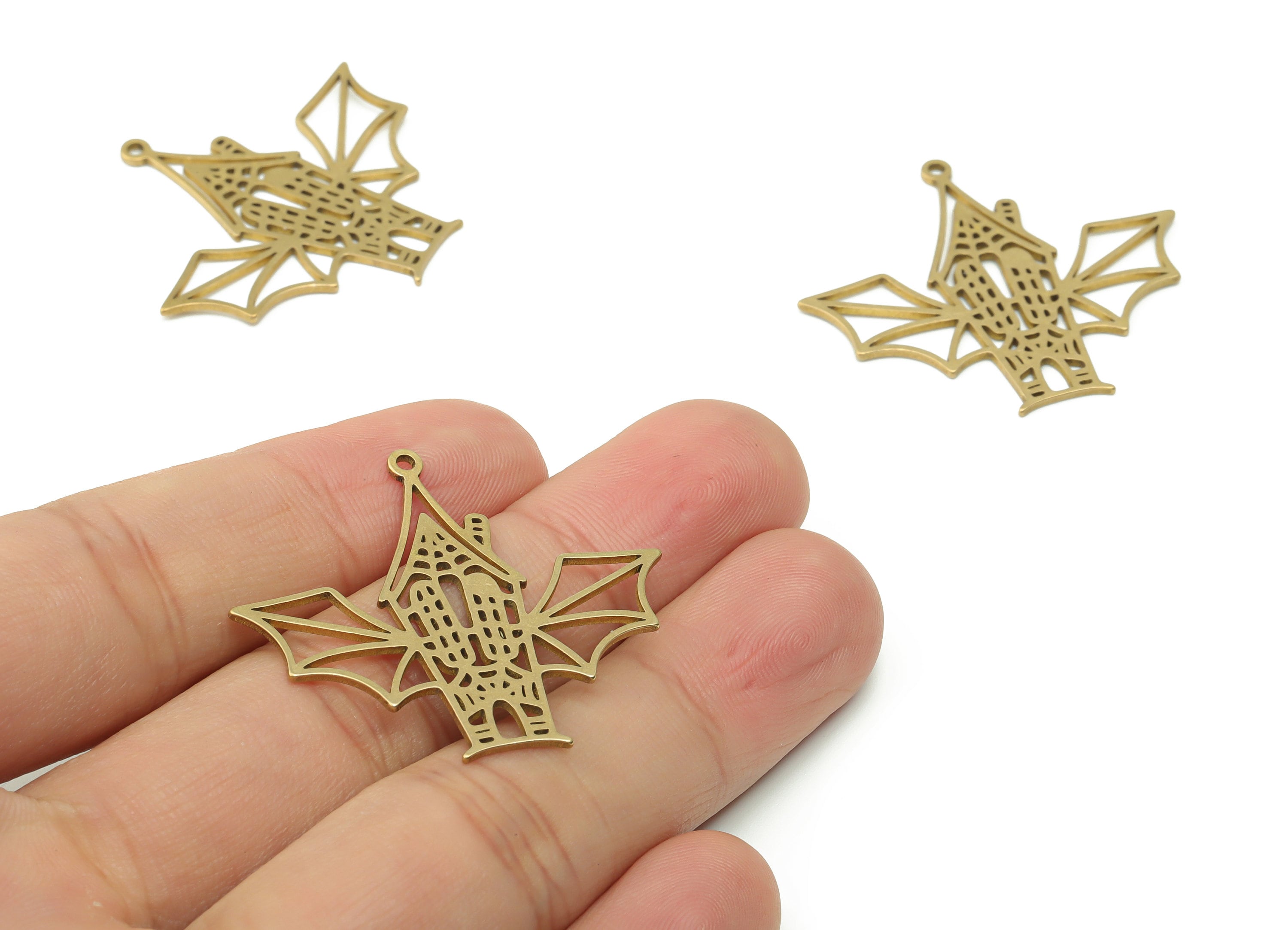 Brass Windmill Bat House Earring Charms - Raw Brass Bat House Pendant - DIY Jewelry Making Supplies - 37.8x34.24x0.86mm - PPZ0069 - DOMEDBAZAAR