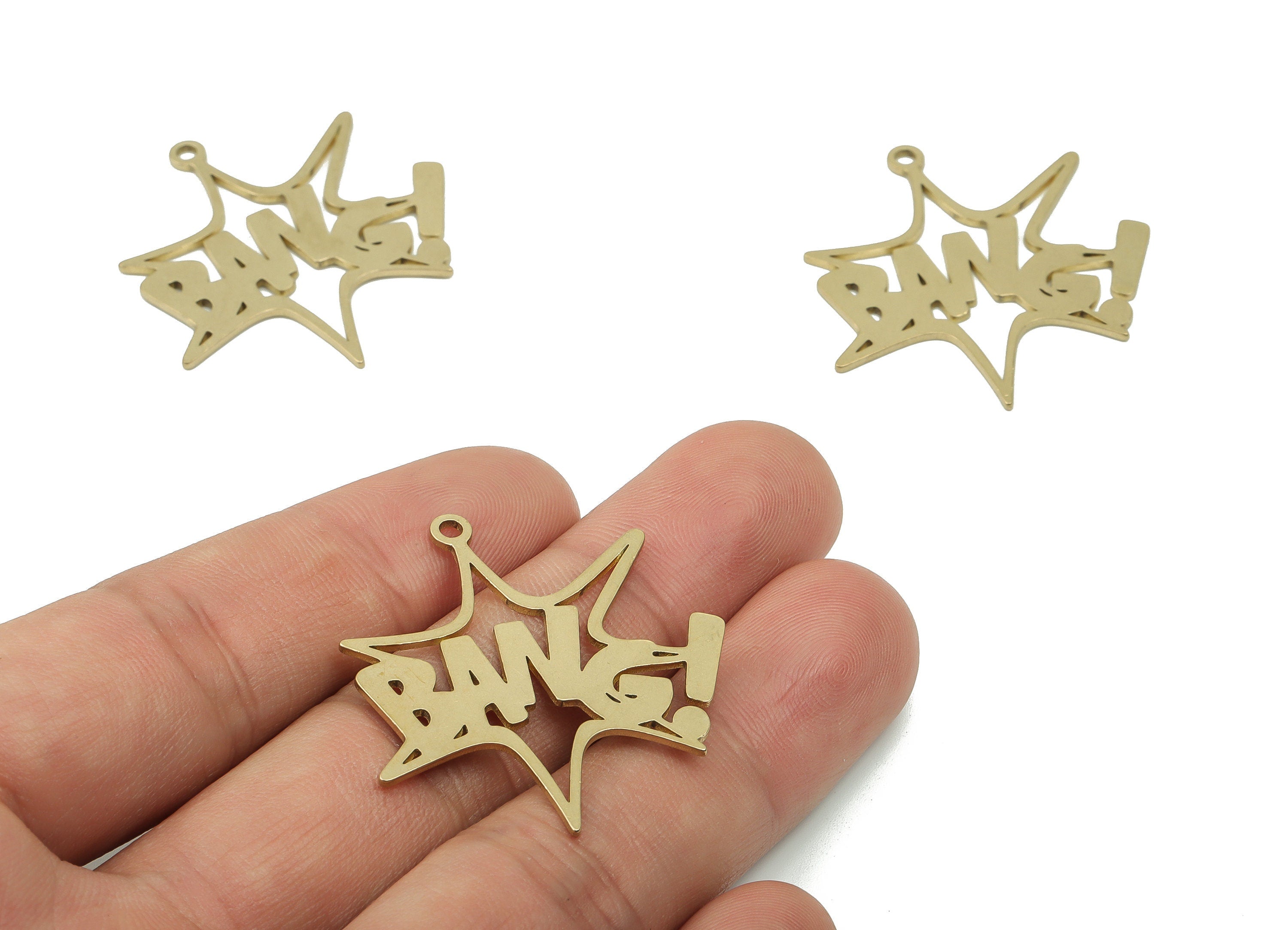 Brass Star Earring Charms - Raw Brass BANG！Pendant - DIY Jewelry Making Supplies - 36.94x33.69x0.9mm - PPA0143 - DOMEDBAZAAR
