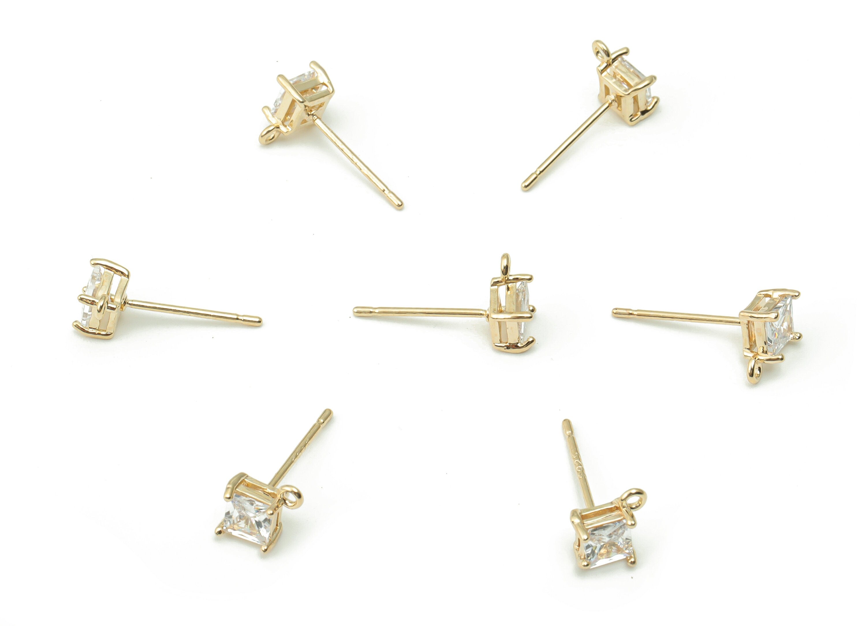 Brass Square Earring Stud With Zircons - Gold Diamond Post With Loop - 925 Silver Stud - 18K Real Gold Plated Brass - 8.7x6.7x3.6mm -RGP4170 - DOMEDBAZAAR