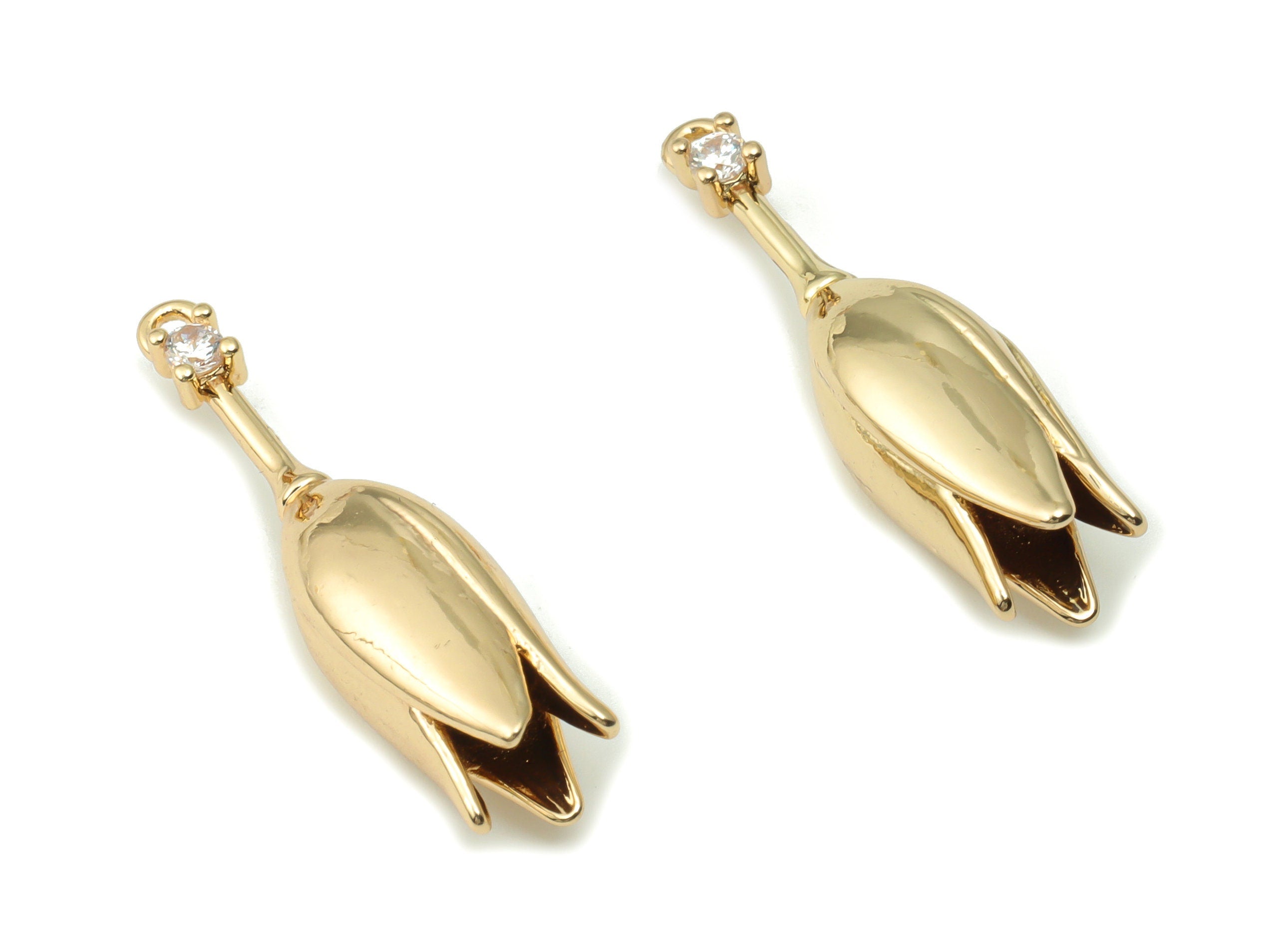 Brass Flower Calyx Earring Charms With Zircon - Gold Tulip Pendant - Gold Tone Plated Brass - 27.62x7.08x7.08mm - PP4933G - DOMEDBAZAAR