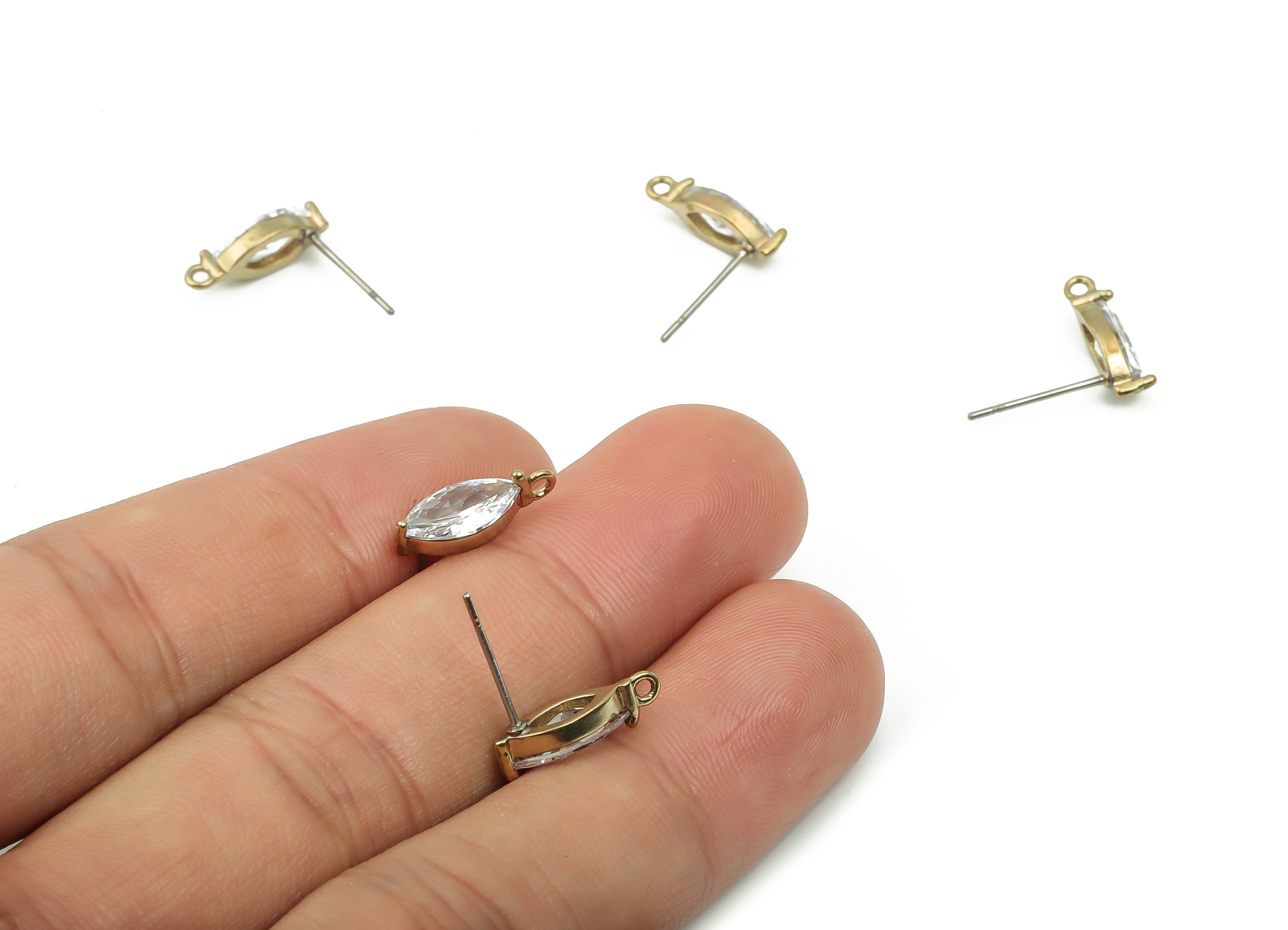 Brass Marquise Earring Stud With zircon - Raw Brass Oval Earring Post - 316 Surgical Stainless Steel Stud - 13.59x4.93x2.96mm - PP4848 - DOMEDBAZAAR