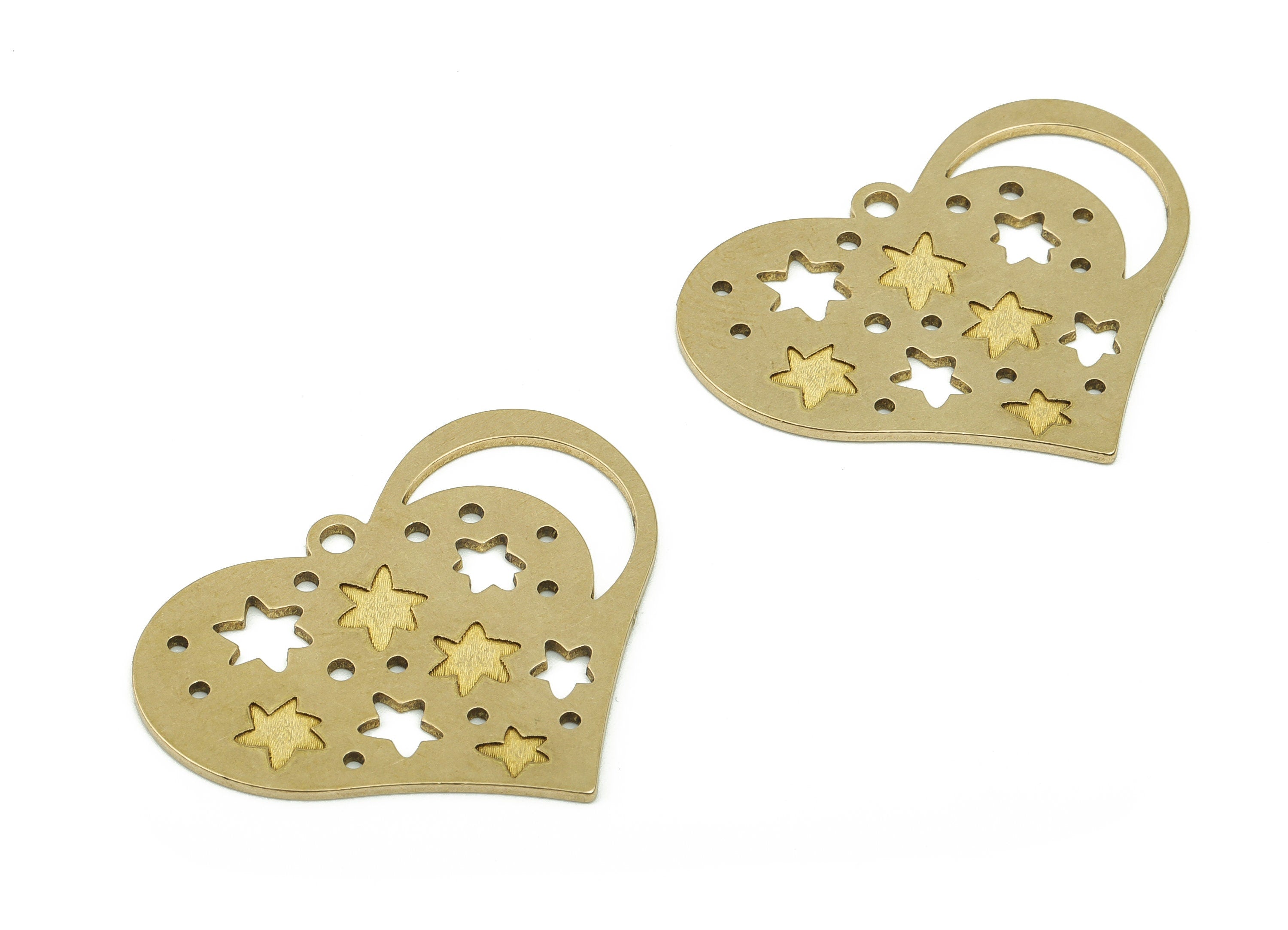 Brass Heart Earring Charms - Raw Brass Moon Star Pendant - Jewelry Making Supplies - 34.85x27.33x0.9mm - PPA3136B - DOMEDBAZAAR