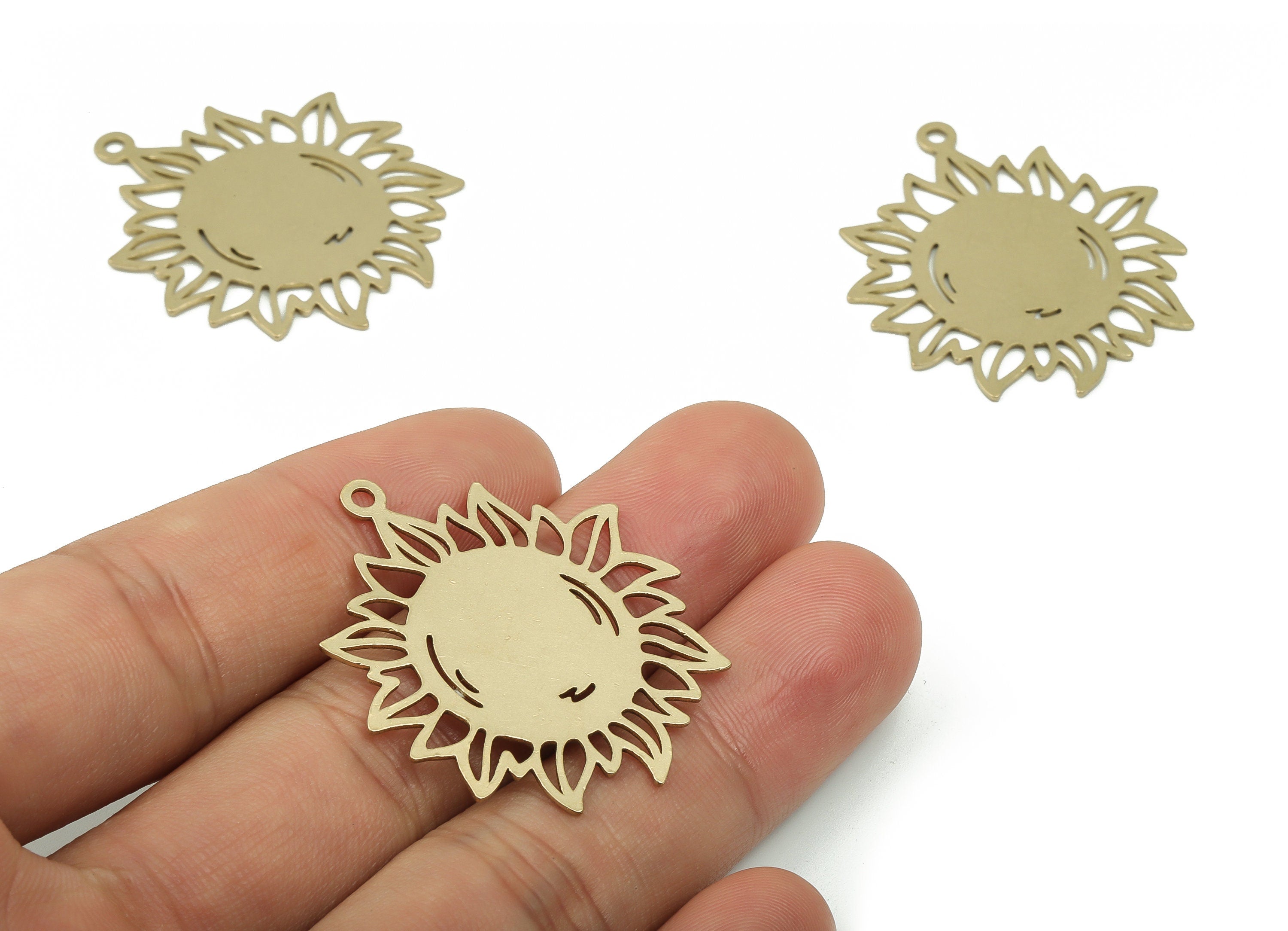 Stamping Blacks Brass Sun Earring Charms - Raw Brass Sunflower Pendant - Jewelry Making Supplies - 37.76x33.28x0.76mm - PPA0123 - DOMEDBAZAAR