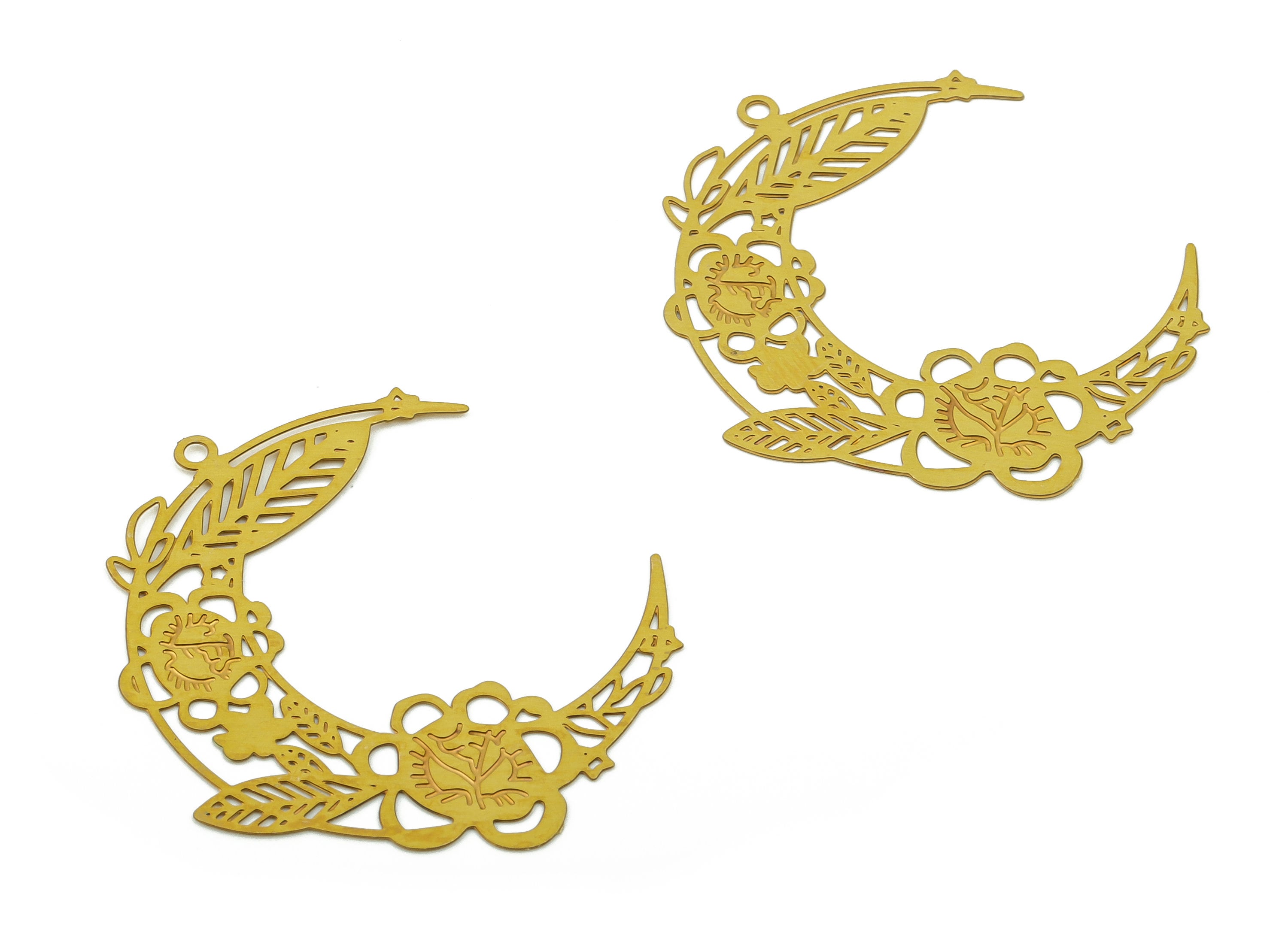 Brass Crescent Earring Charms - Raw Brass Moon Flowers Pendant - DIY Jewelry Making Supplies - 37.38x33.82x0.28mm - JJB6781 - DOMEDBAZAAR