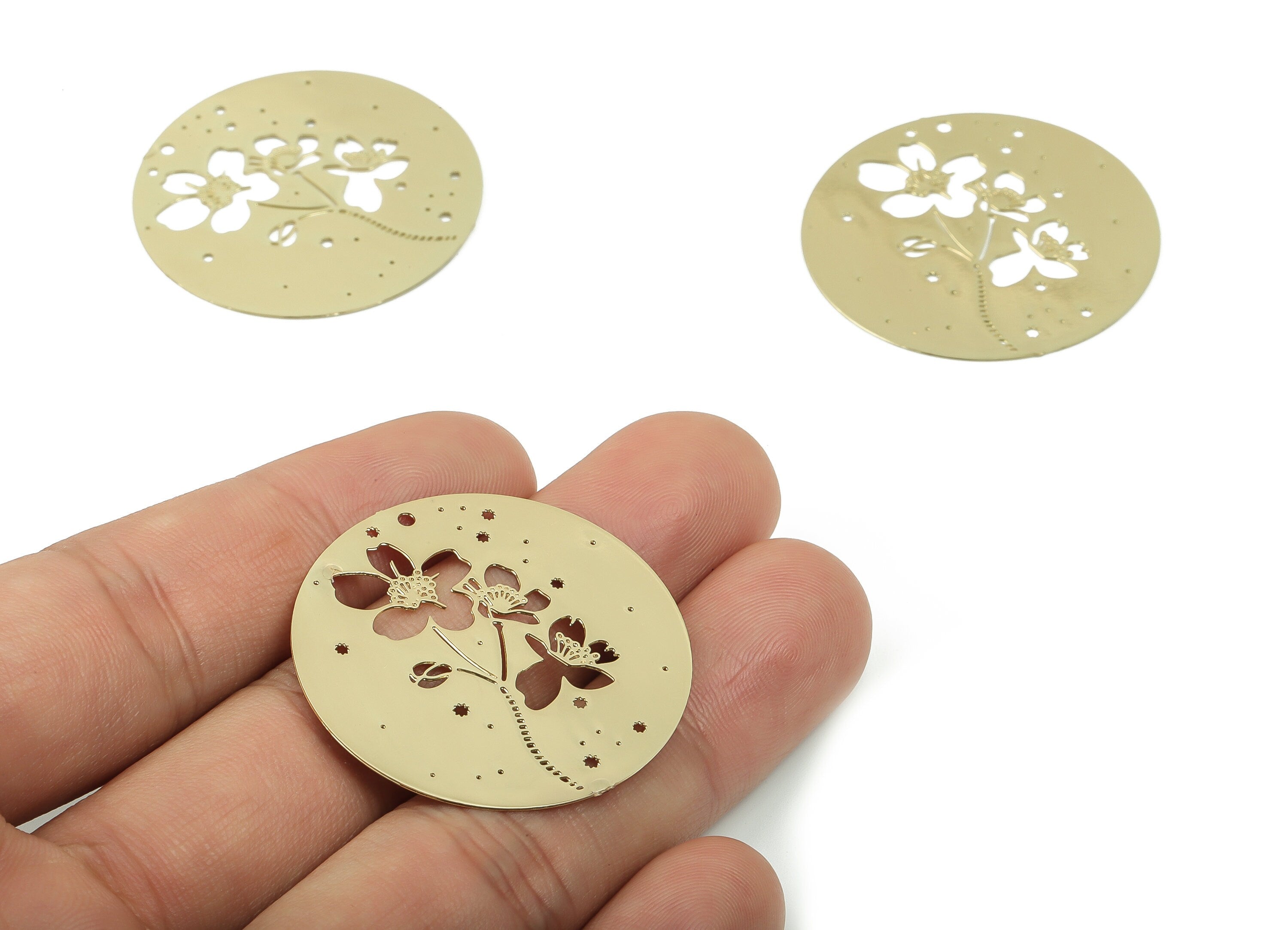 Brass Round Flower Earrings Charm - Raw Brass Flower Charms - Laser Cut Charms - Gold Tone Plated Brass Charm -35.27x35.27x0.39mm- JJB6784G - DOMEDBAZAAR