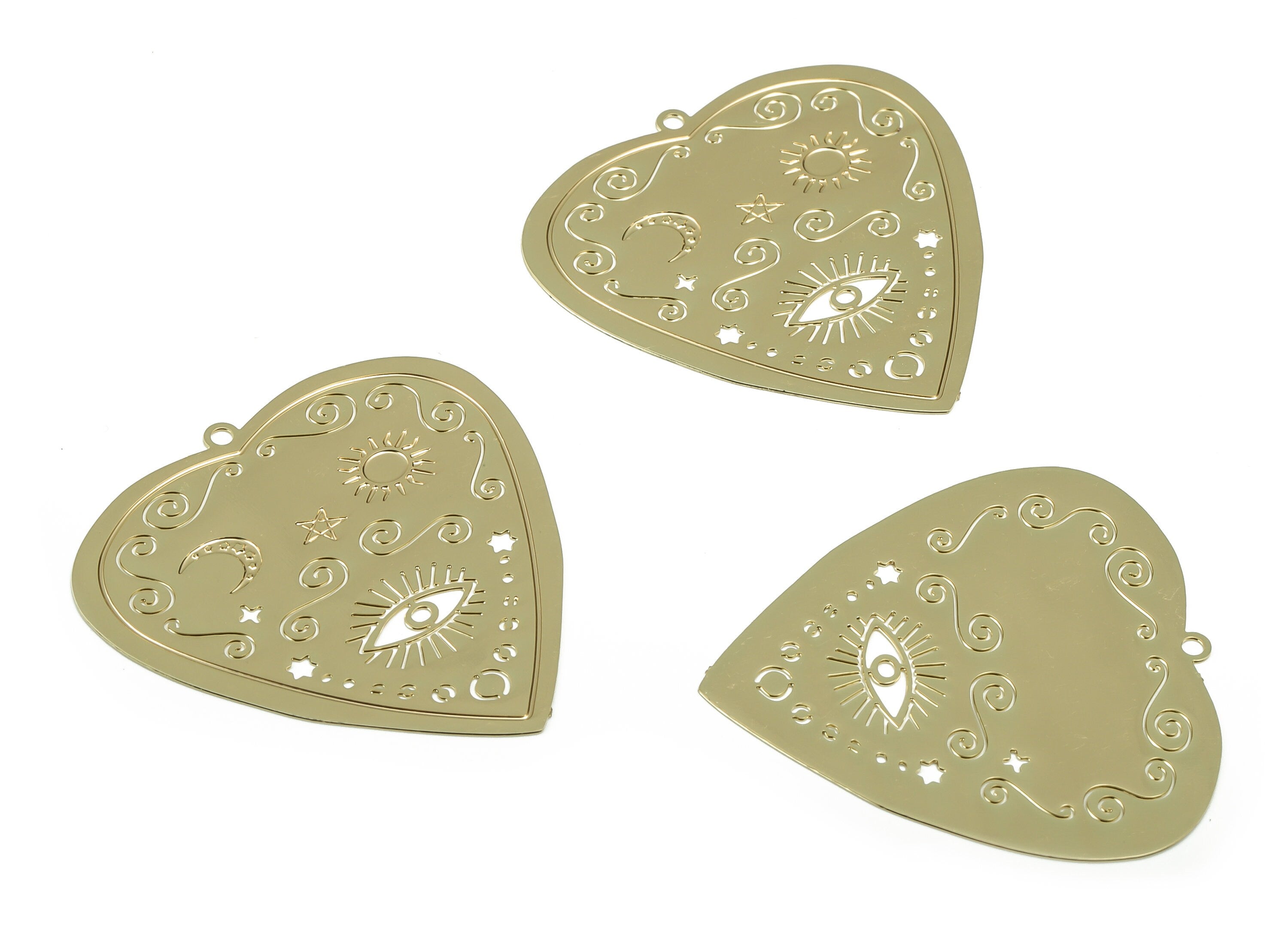 Gold Heart Eye Pendant - Brass Moon Pendant - Sun Earring Charms -Gold Heart Moon Pendant - Star Earrings - 35.7x34.87x0.37mm - JJB6778G - DOMEDBAZAAR