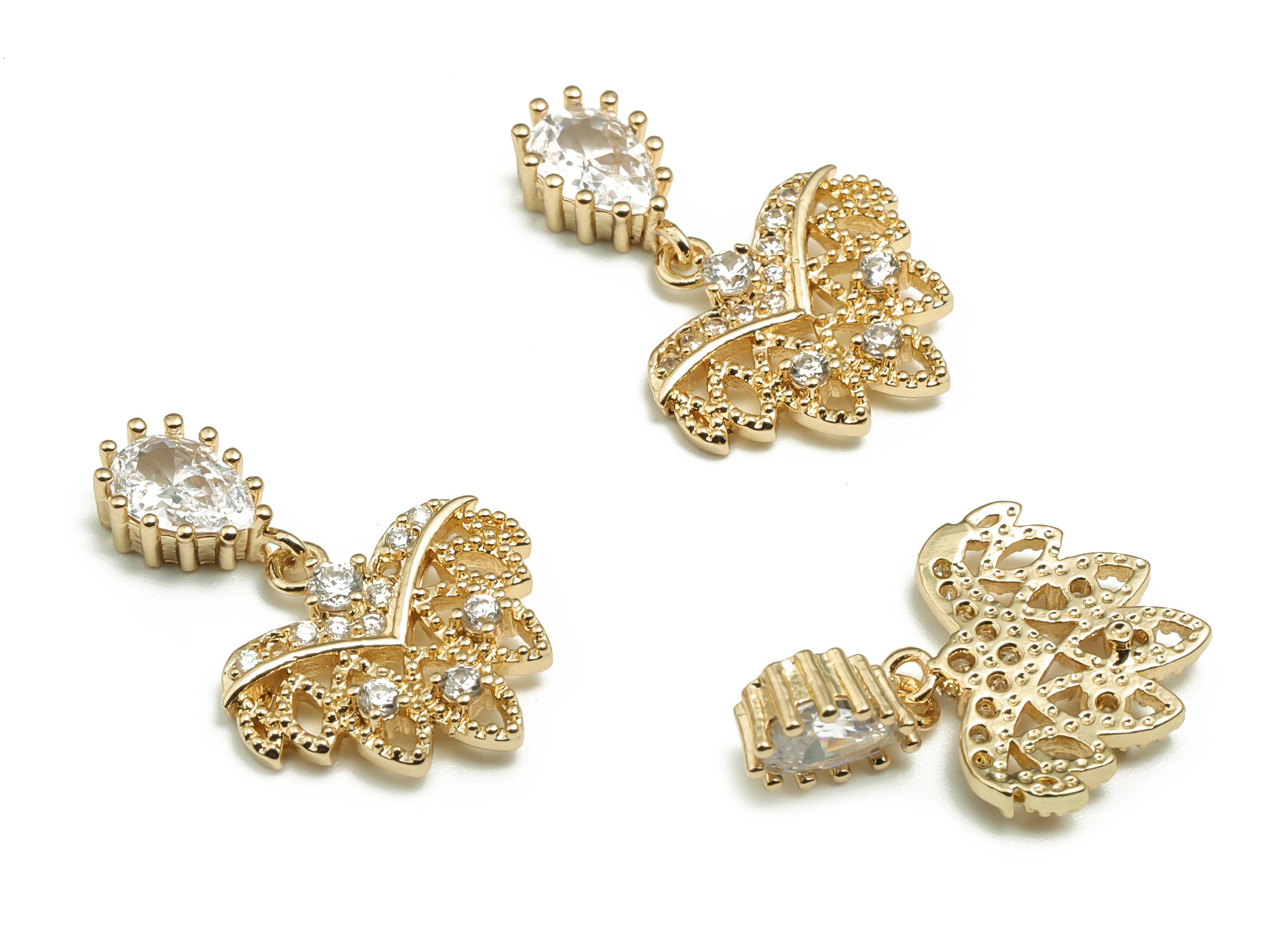 Brass Oval Earring Charms With Drop Zircons – Zircon KC Gold Tone Oval Pendant – Dainty Dangle Charms - 19.66x13.62x2.62mm - PP4852G - DOMEDBAZAAR