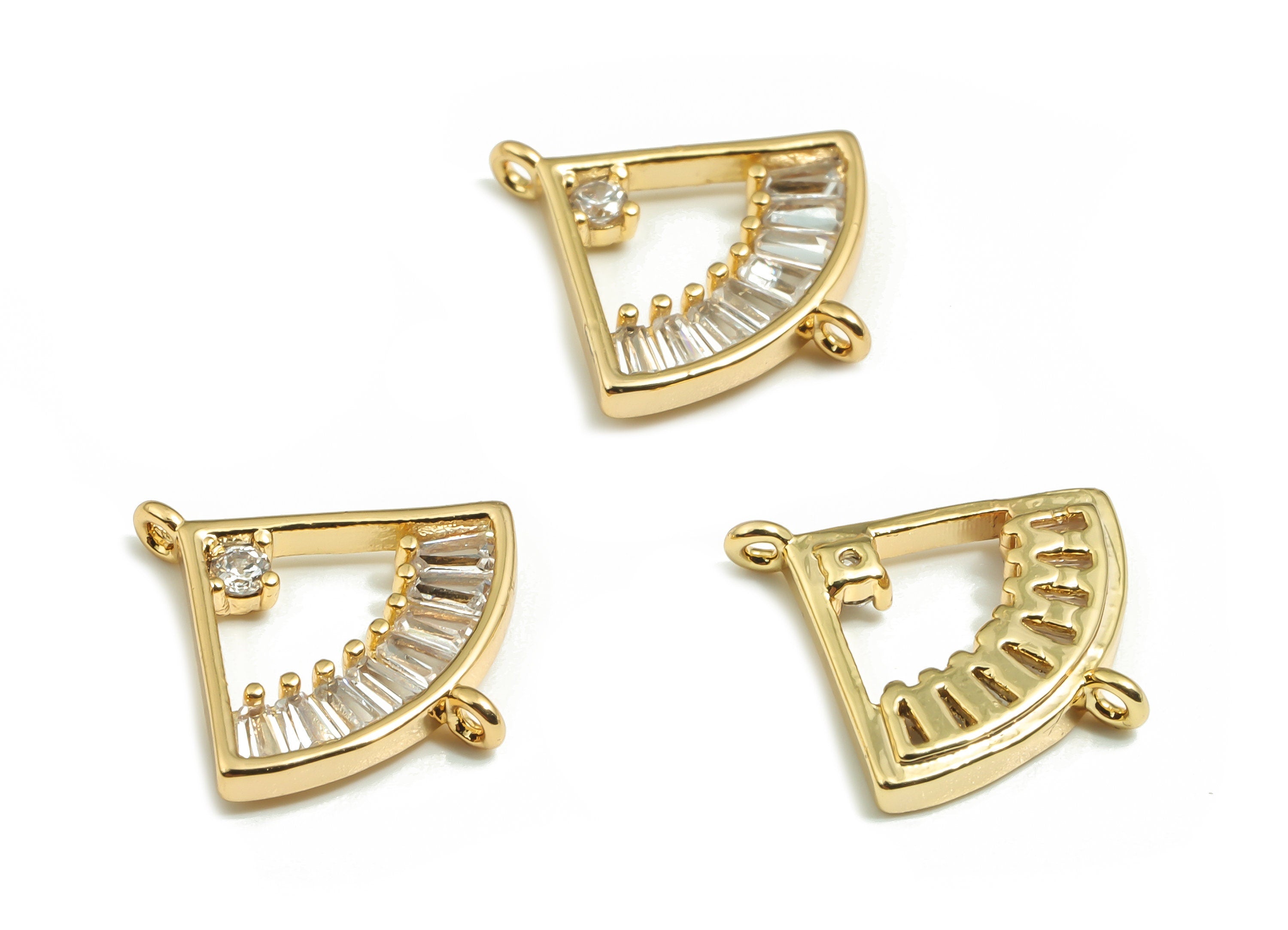 Brass Fan Earring Connector - Zircons Brass Fan Pendant - Gold Triangle Charm - 18K Real Gold Plated Brass- 13.65x13.01x1.82mm - RGP4145 - DOMEDBAZAAR