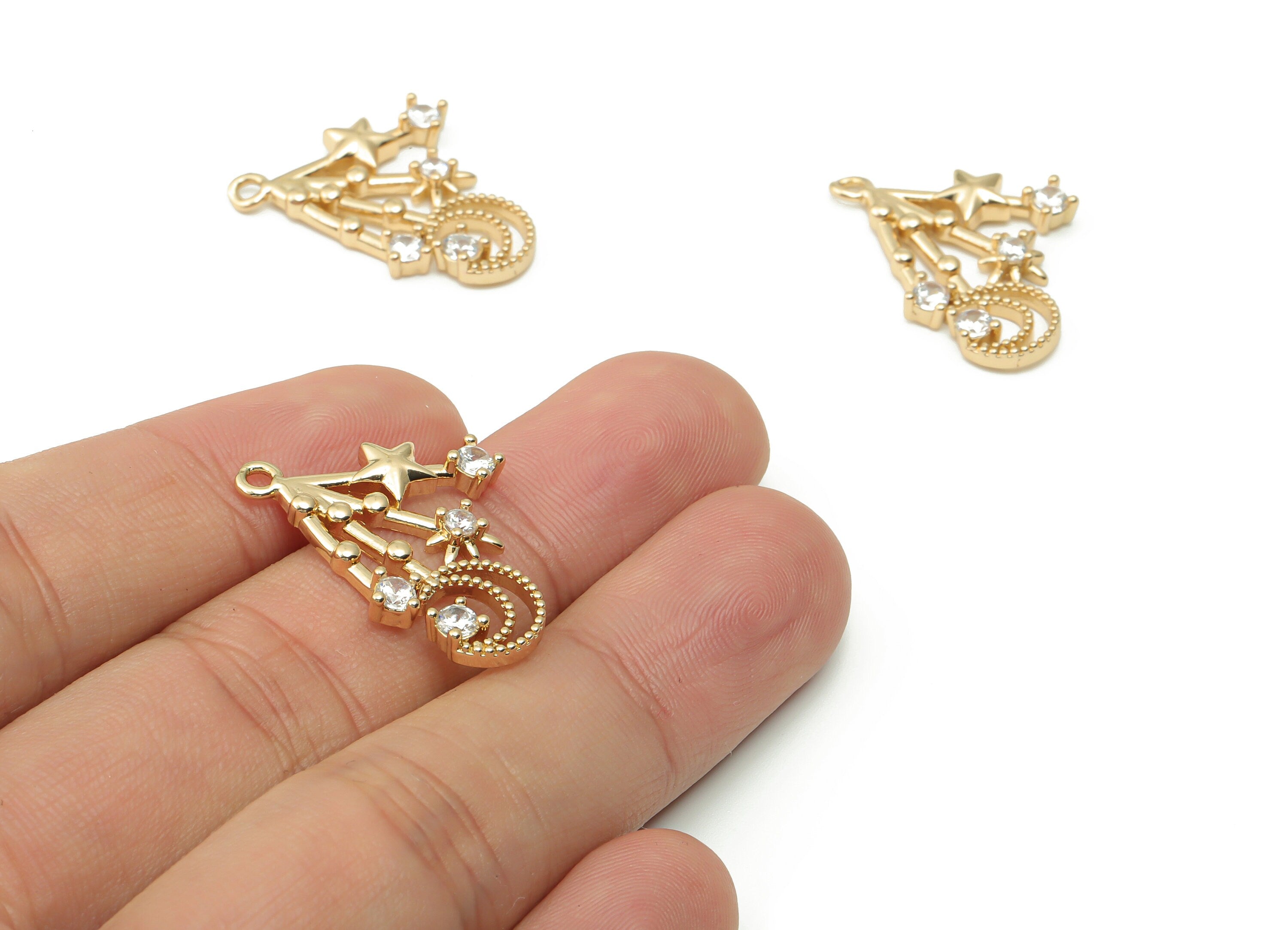 Brass Crescent Planet Star Earring Charms With Zircons - Gold Phases of Moon Pendant - Gold Tone Plated Brass - 26.06x19.52x2.95mm - PP4926G - DOMEDBAZAAR