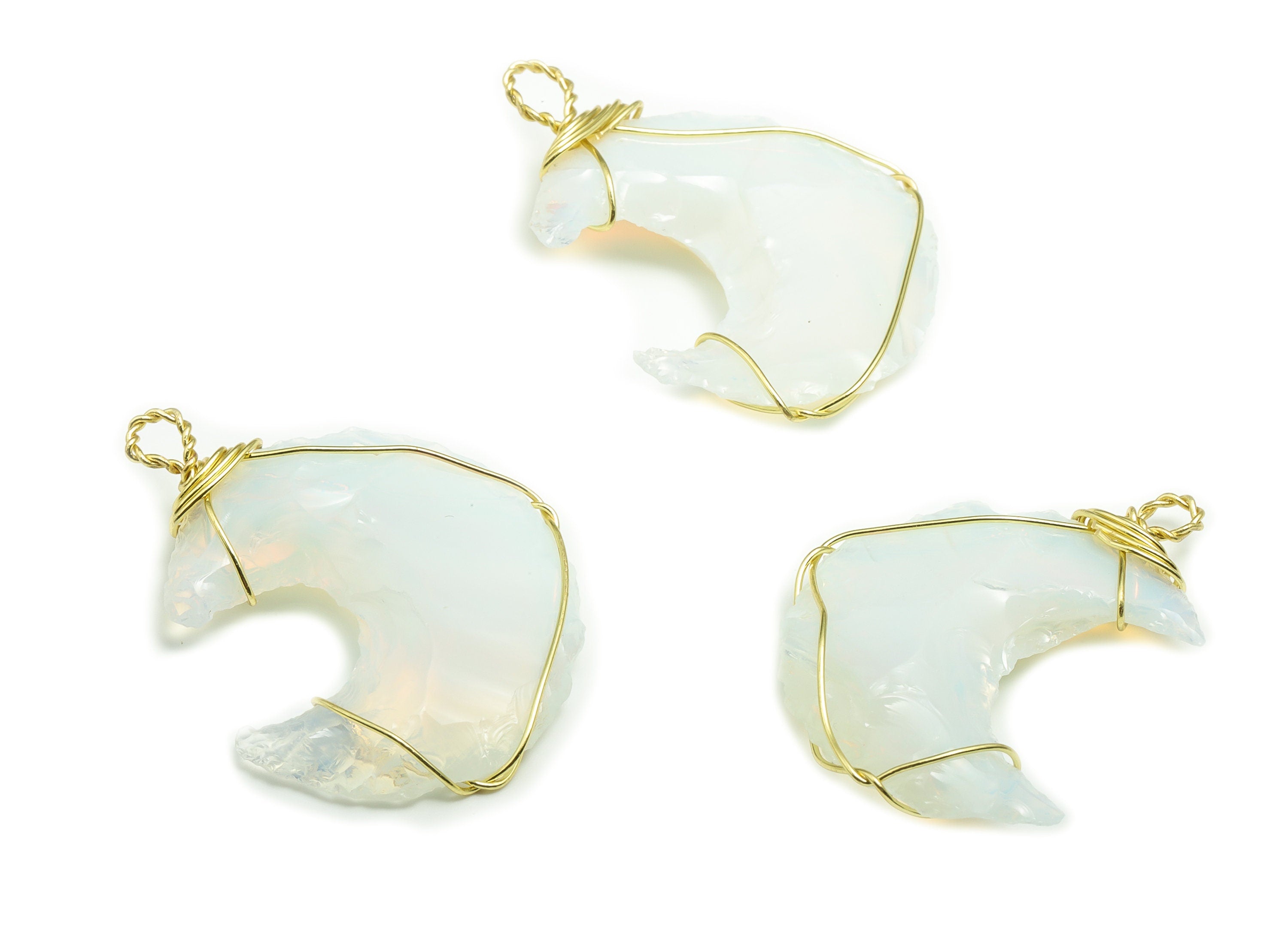 Opalite Crescent Earring Charms - Brass Moon Pendant - Brass Wire Wrapped - Natural Stone - Jewelry Supplies - 32.57x27.3x6.2mm – NS1456 - DOMEDBAZAAR