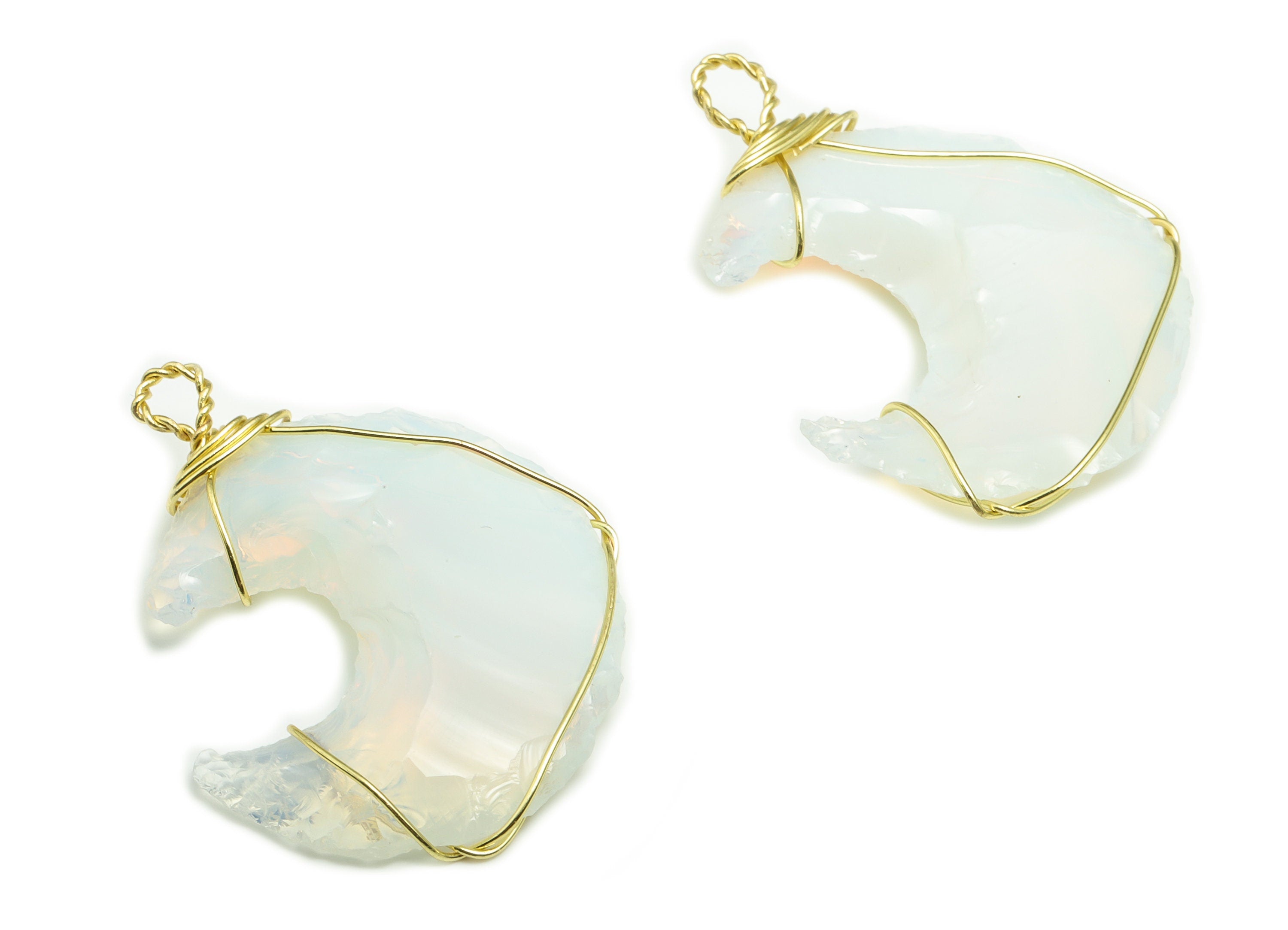 Opalite Crescent Earring Charms - Brass Moon Pendant - Brass Wire Wrapped - Natural Stone - Jewelry Supplies - 32.57x27.3x6.2mm – NS1456 - DOMEDBAZAAR