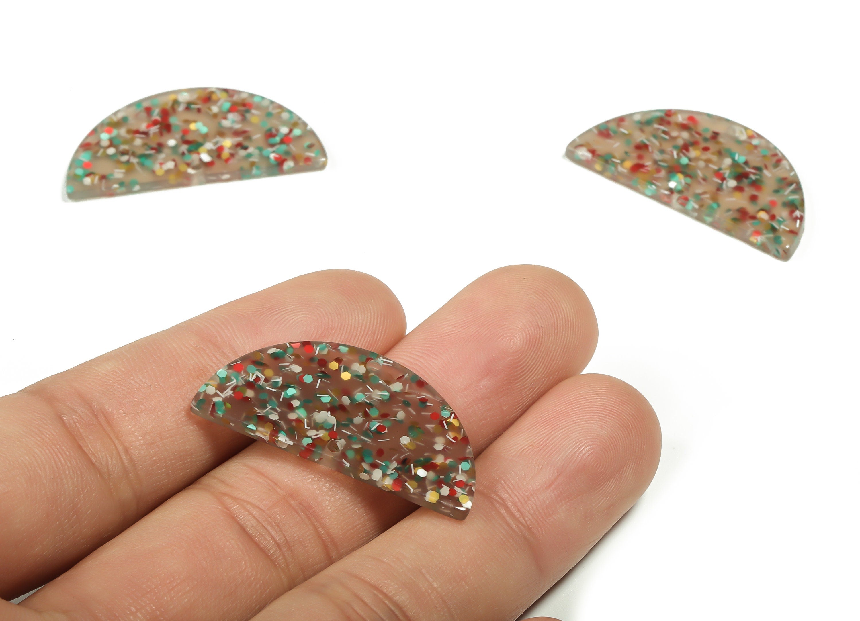 Acrylic D Earring Connector - Confetti Acrylic Charm - Semi Circle Connector - 2 Holes - Color Code:A705 - 33.26x16.35x2.21mm - AC1218-A705 - DOMEDBAZAAR