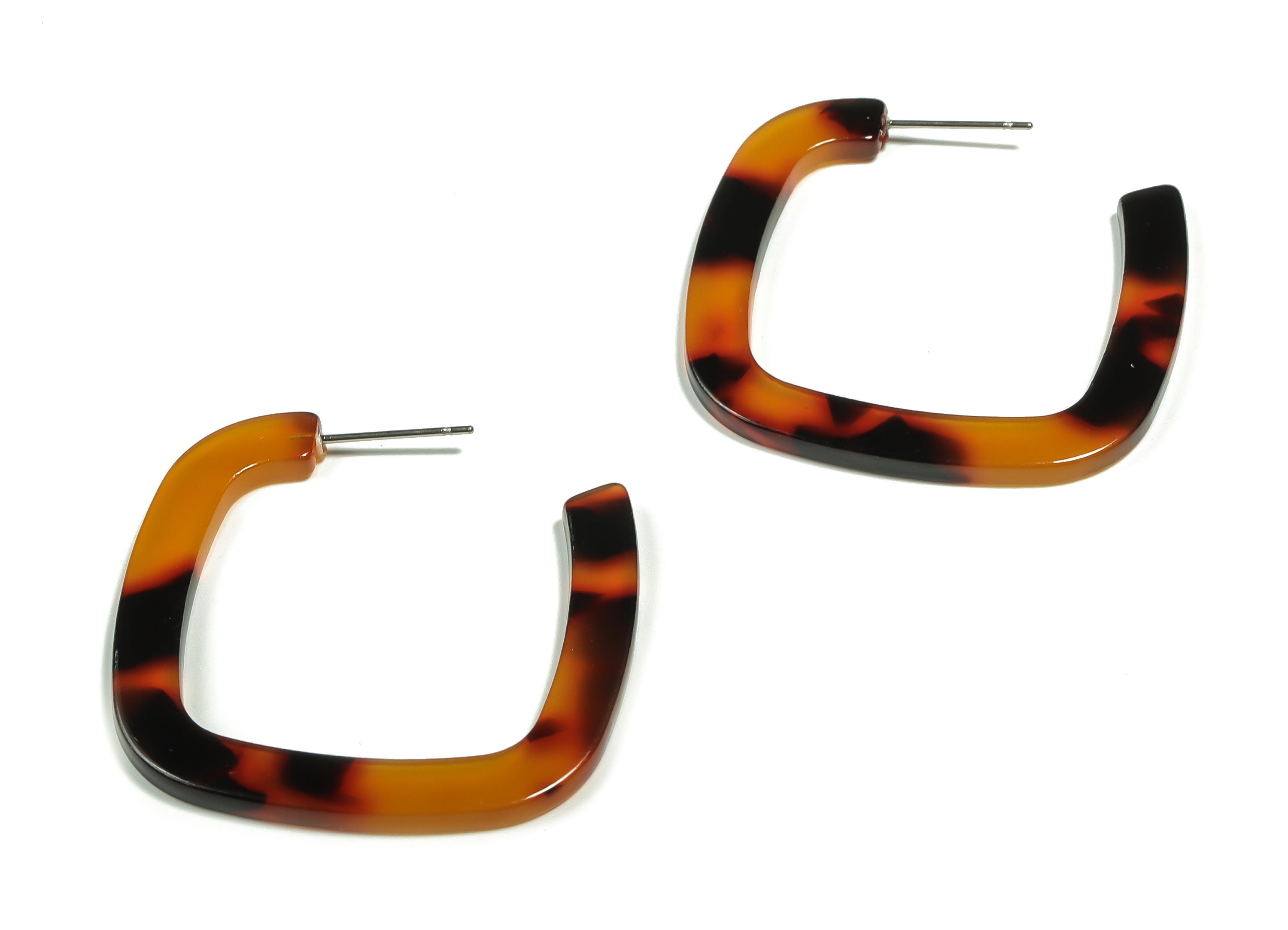 Acetate Square Earring Post - Acetate Square Stud - Tortoise Shell - Stainless Steel - Color Code: A04 - 39.2x38.15x2.5mm - AC2349-A04 - DOMEDBAZAAR
