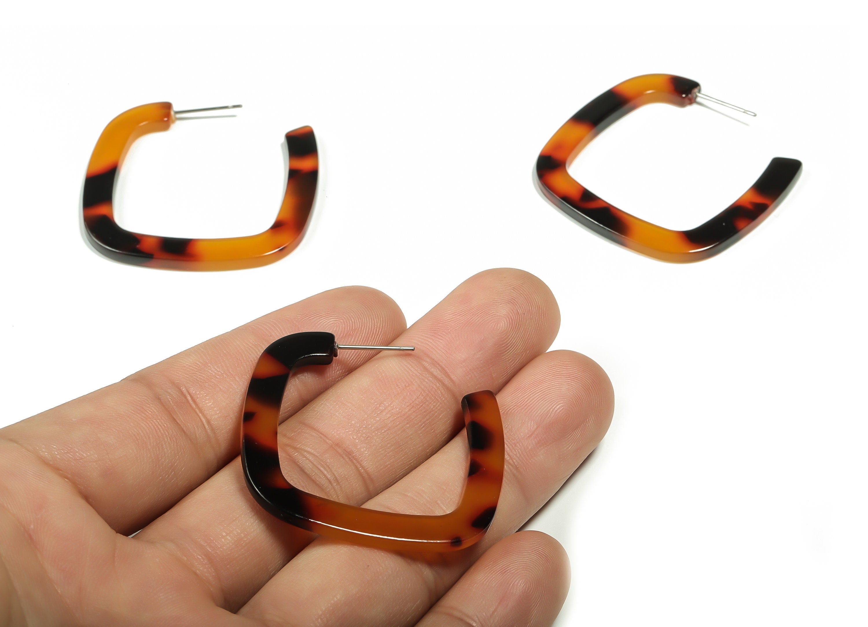 Acetate Square Earring Post - Acetate Square Stud - Tortoise Shell - Stainless Steel - Color Code: A04 - 39.2x38.15x2.5mm - AC2349-A04 - DOMEDBAZAAR