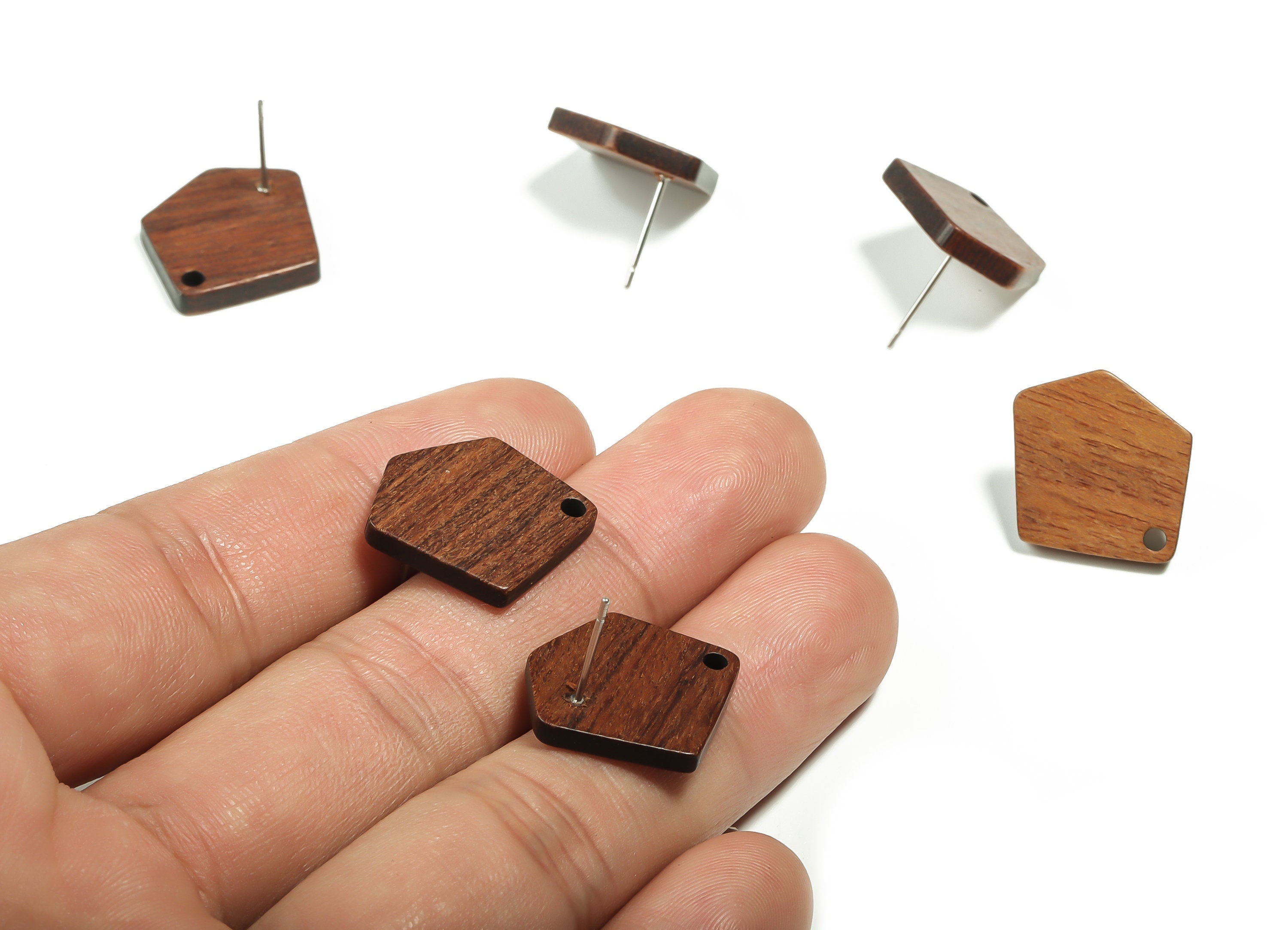 Mahogany Wood Hexagon Earring Stud - Mahogany Wood Trapezoid Post - Stainless Steel Stud - Jewelry Supplies - 20.71x17.7x2.6mm - BB1126 - DOMEDBAZAAR