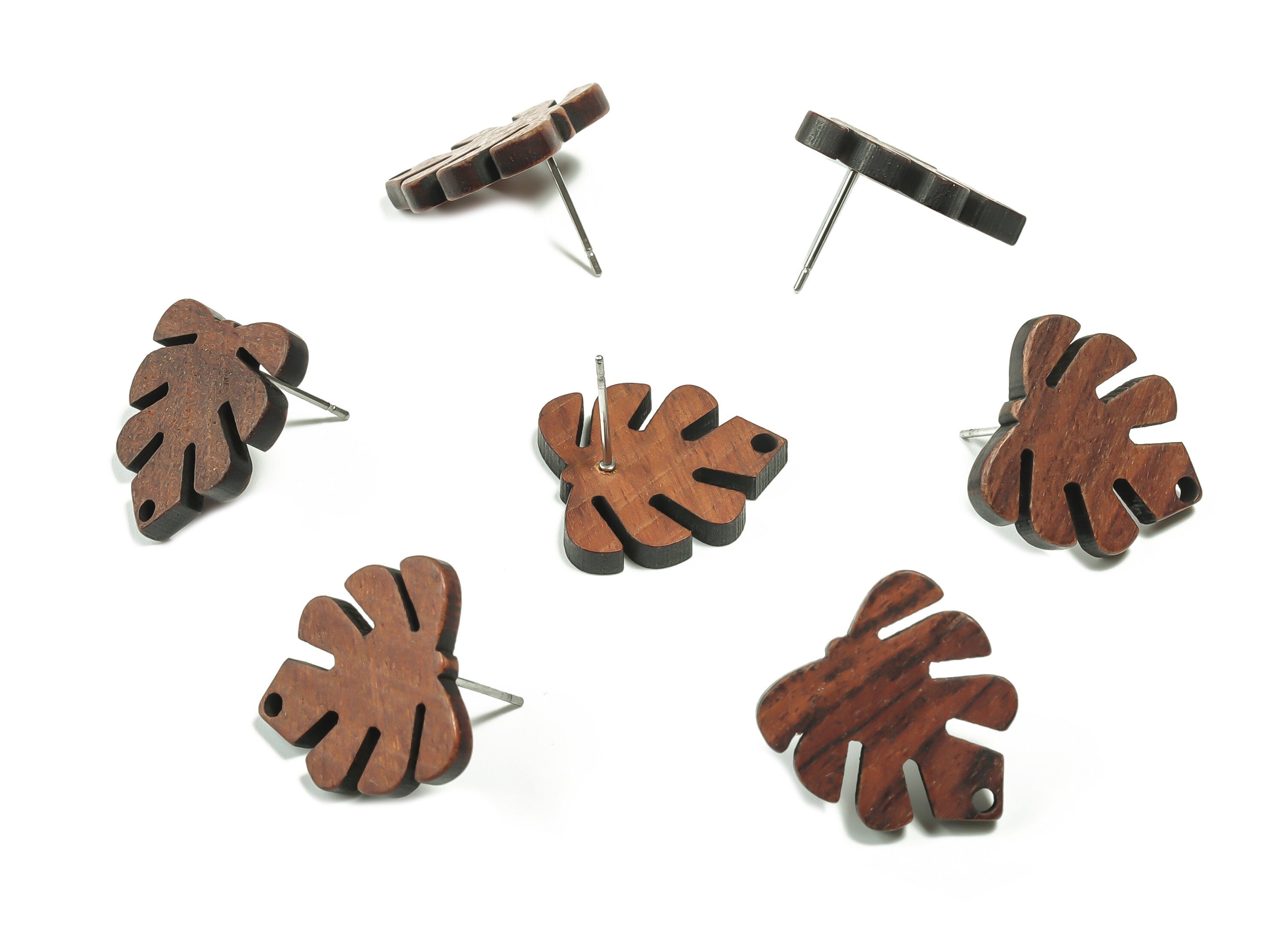 Mahogany Wood Monstera Earring Stud - Mahogany Wood Leaf Post - Stainless Steel Stud - Jewelry Making Supplies - 19.53x18.16x2.74mm - BB1129 - DOMEDBAZAAR