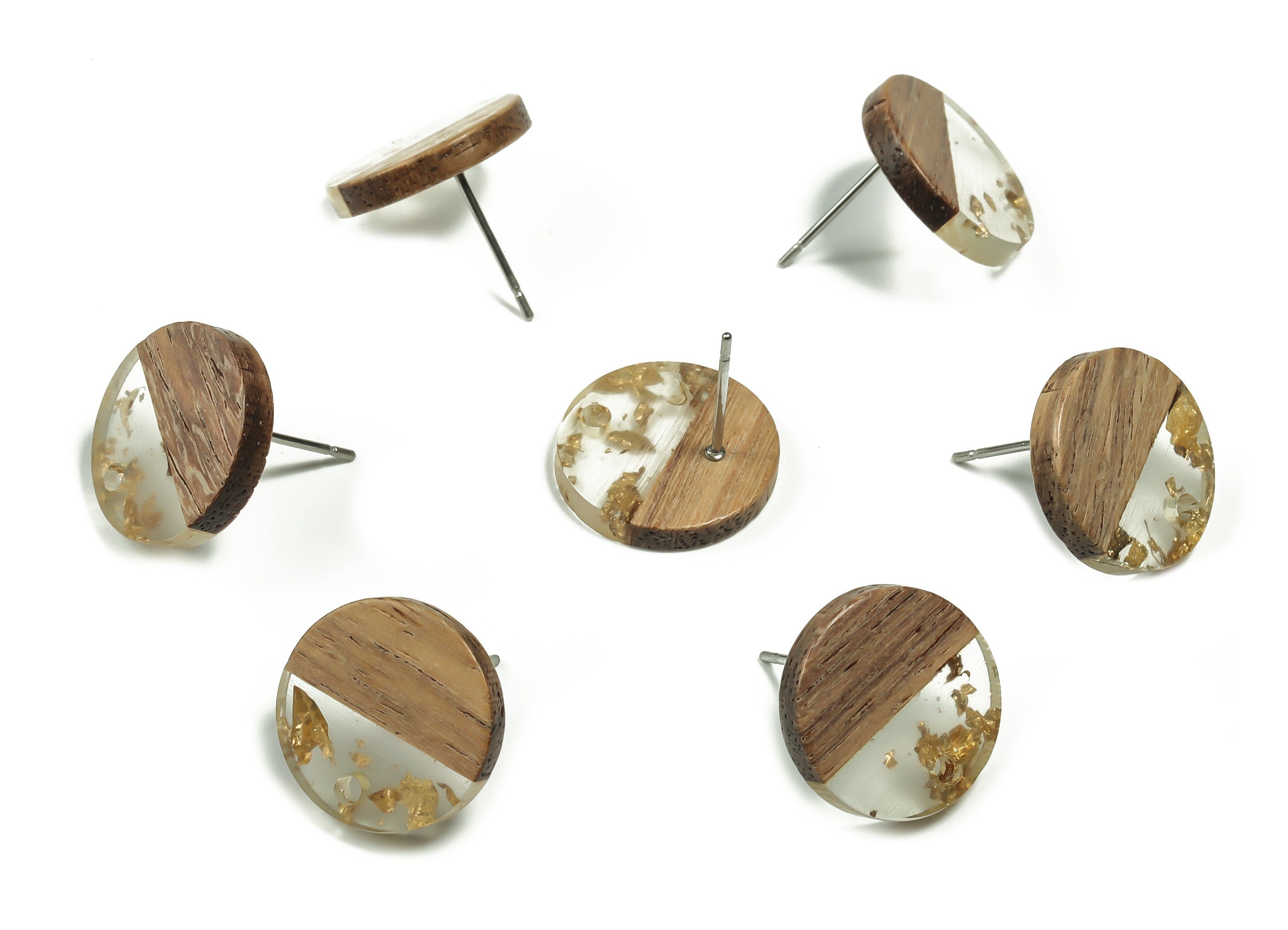 Walnut Wood Round Earring Stud - Resin Circle Earring Post - Stainless Steel Stud - Jewelry Making Supplies - 15.16x15.16x3.62mm - BB1127 - DOMEDBAZAAR
