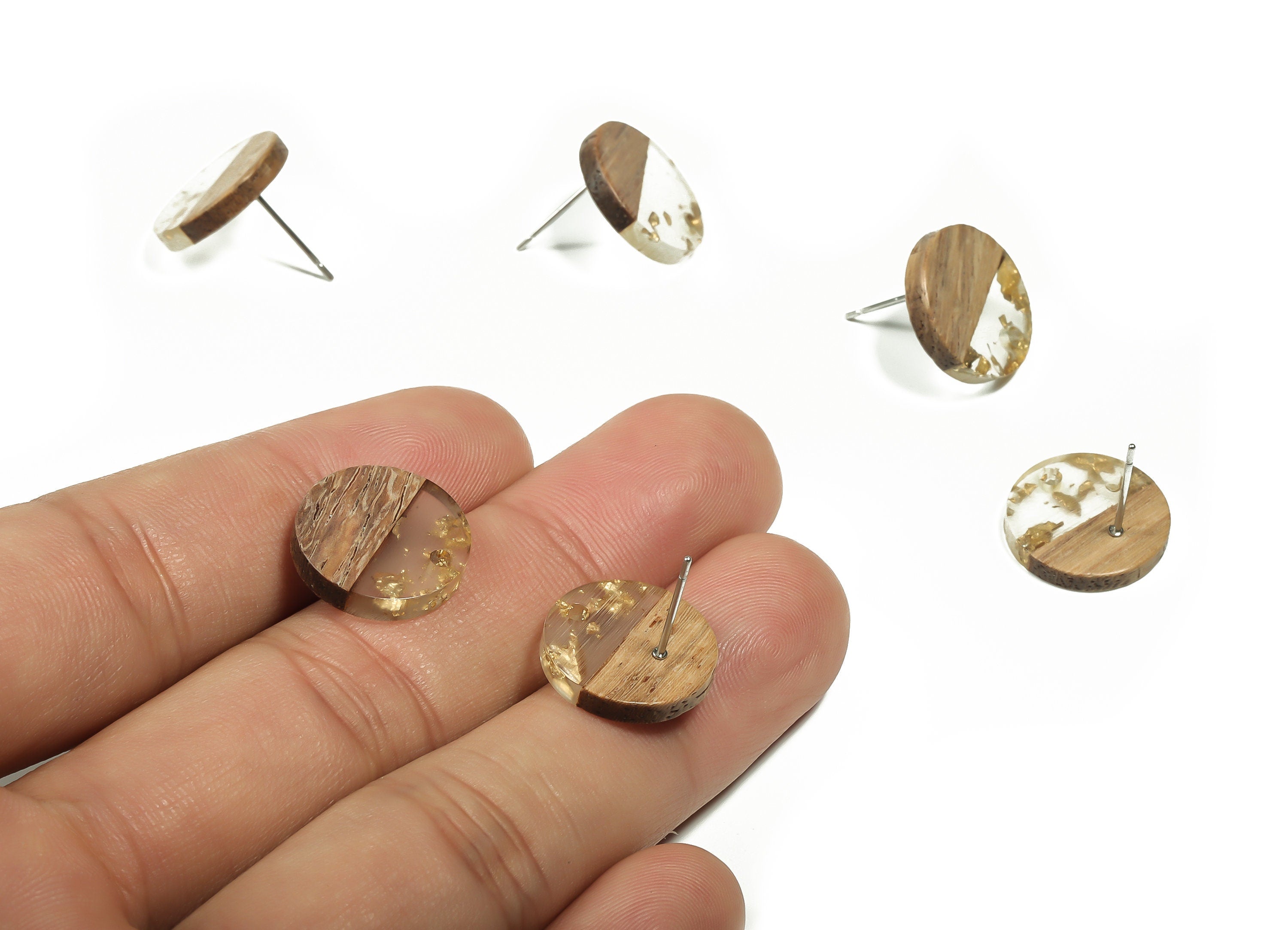 Walnut Wood Round Earring Stud - Resin Circle Earring Post - Stainless Steel Stud - Jewelry Making Supplies - 15.16x15.16x3.62mm - BB1127 - DOMEDBAZAAR
