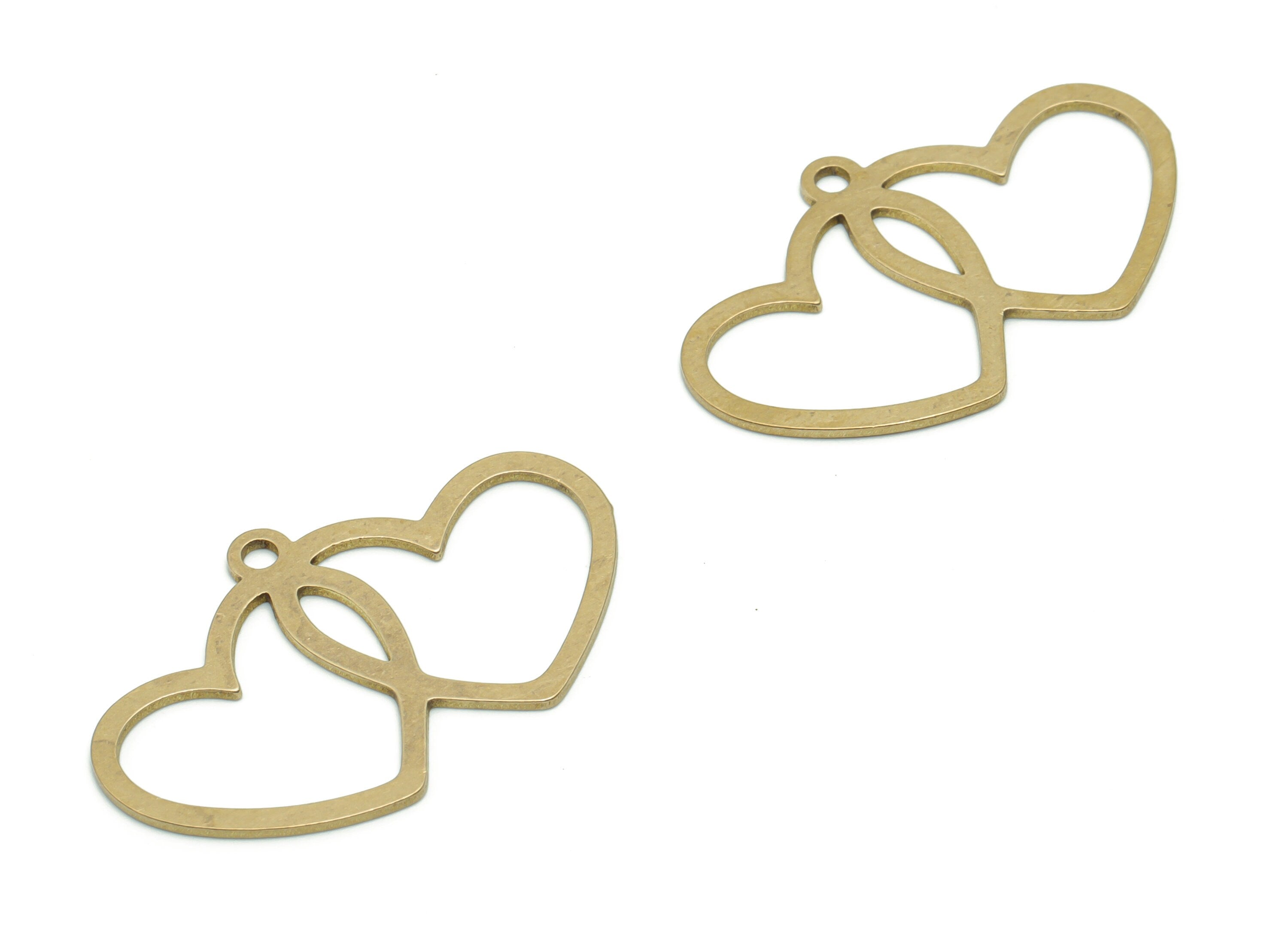 Brass Double Heart Earring Charms - Raw Brass Double Heart Pendant - Jewelry Making Supplies - 34.8x21.3x0.76mm - PPA0552 - DOMEDBAZAAR