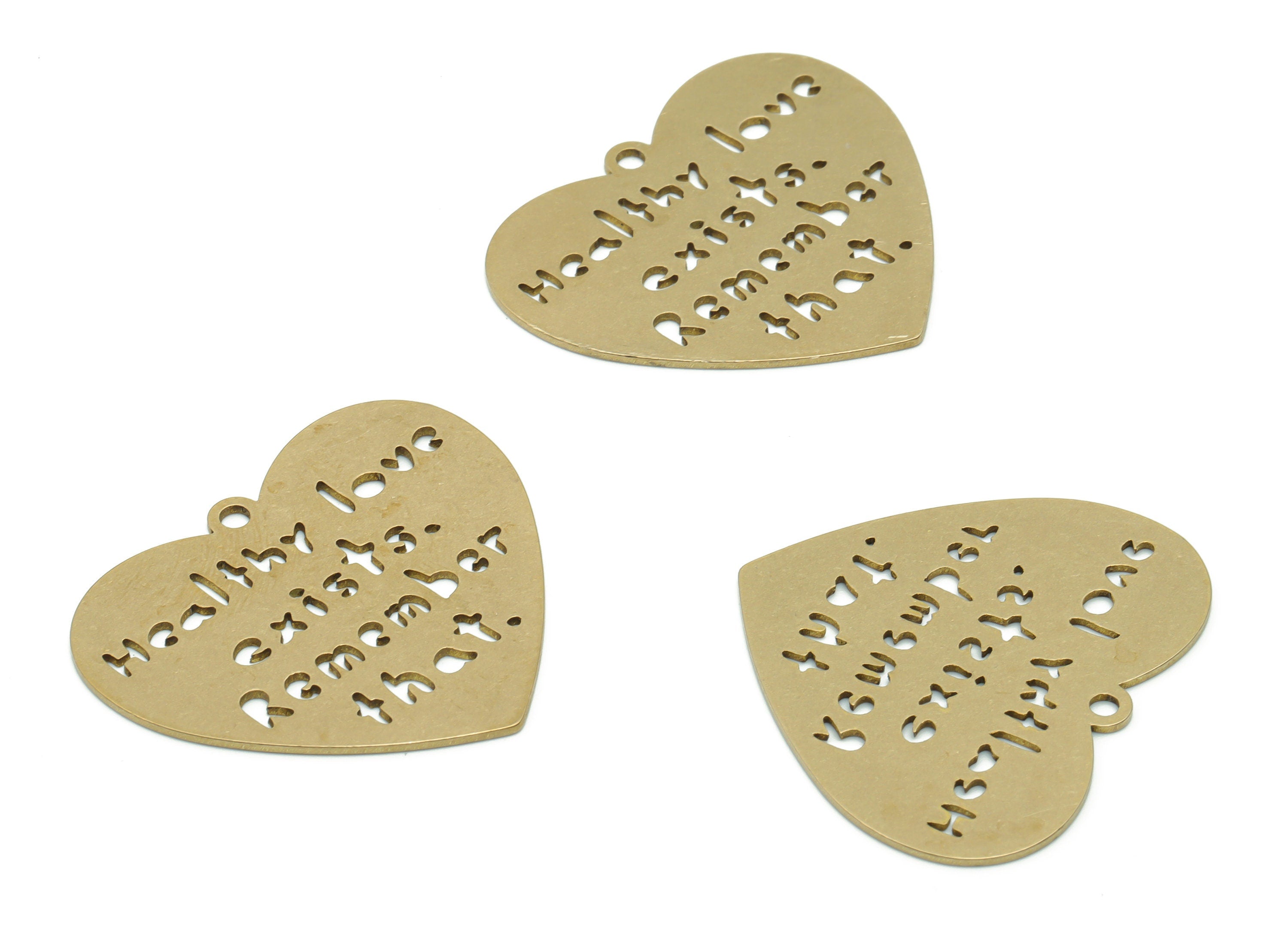 Brass Healthy Love Exists. Remember That. Earring Charms - Raw Brass Heart Pendant - Jewelry Making Supplies - 34.87x30.62x0.77mm - PPZ0113 - DOMEDBAZAAR