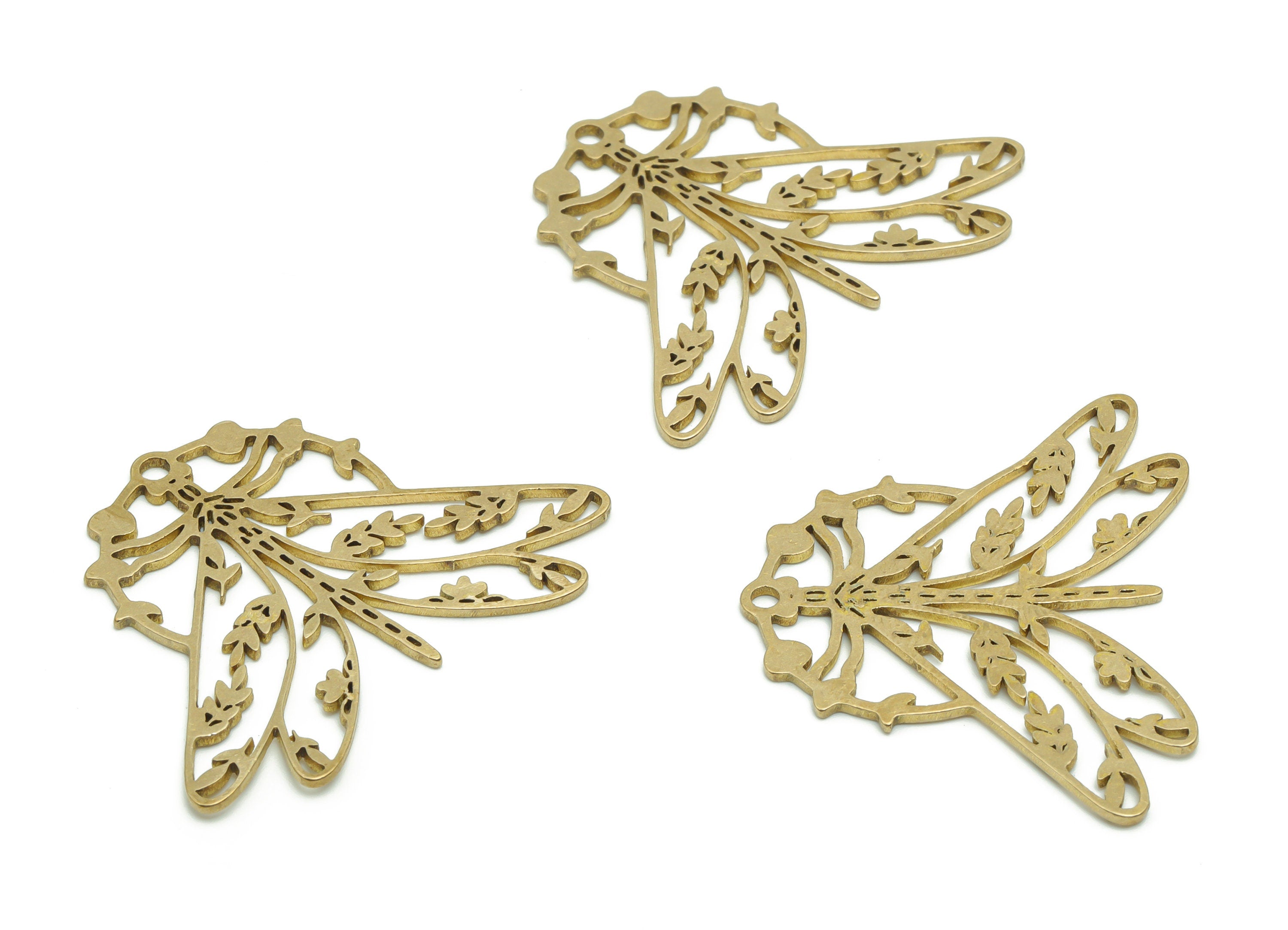 Brass Dragonfly Branch Earring Charms - Raw Brass Dragonfly Phase of Moon Pendant - Jewelry Making Supplies - 36.3x30.57x0.86mm - PPA0508 - DOMEDBAZAAR