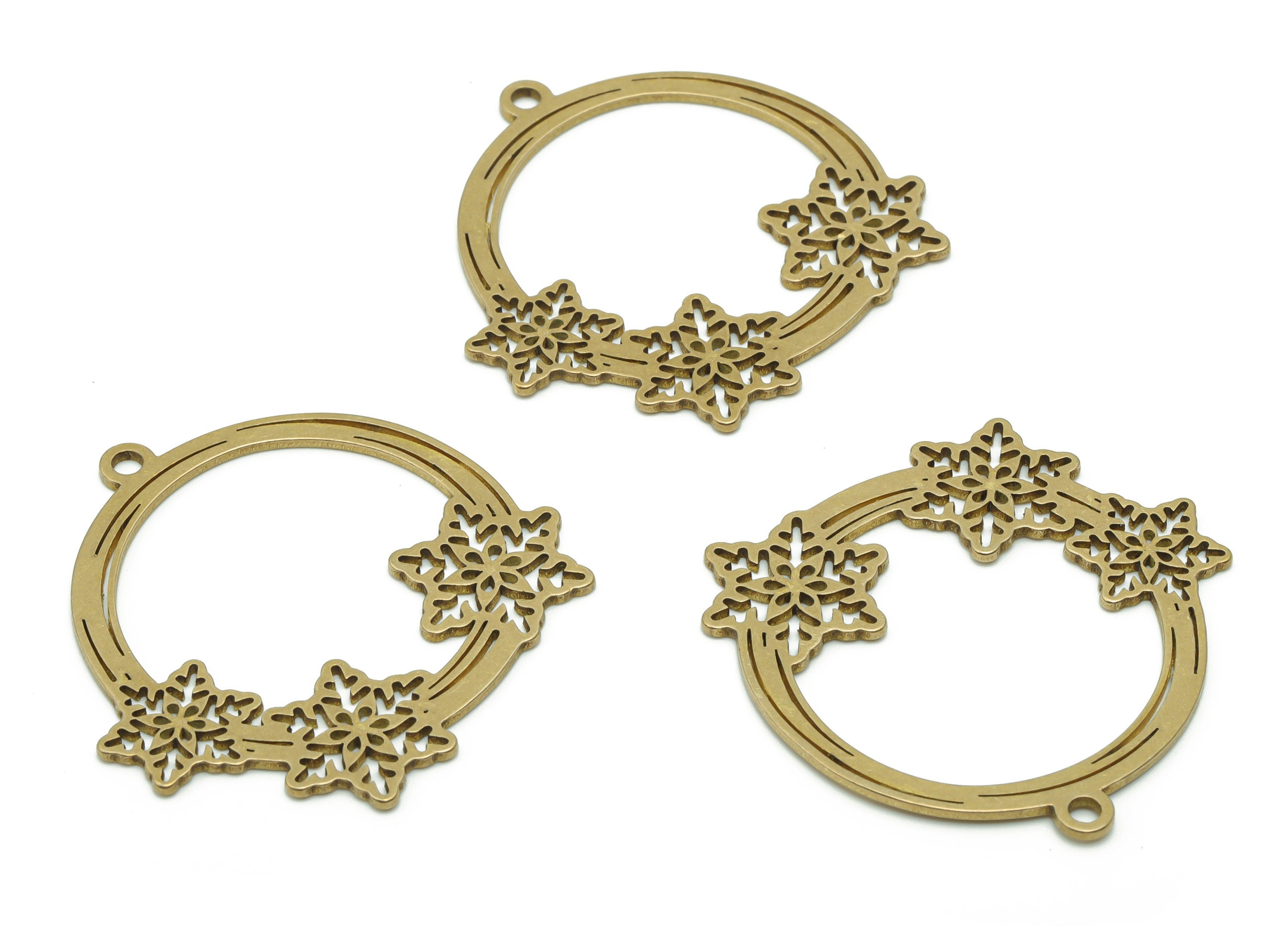 Brass Snowflake Circle Earring Charms - Raw Brass Circle Flower Pendant - Jewelry Making Supplies - 33.87x33.42x0.88mm - PPZ0093 - DOMEDBAZAAR