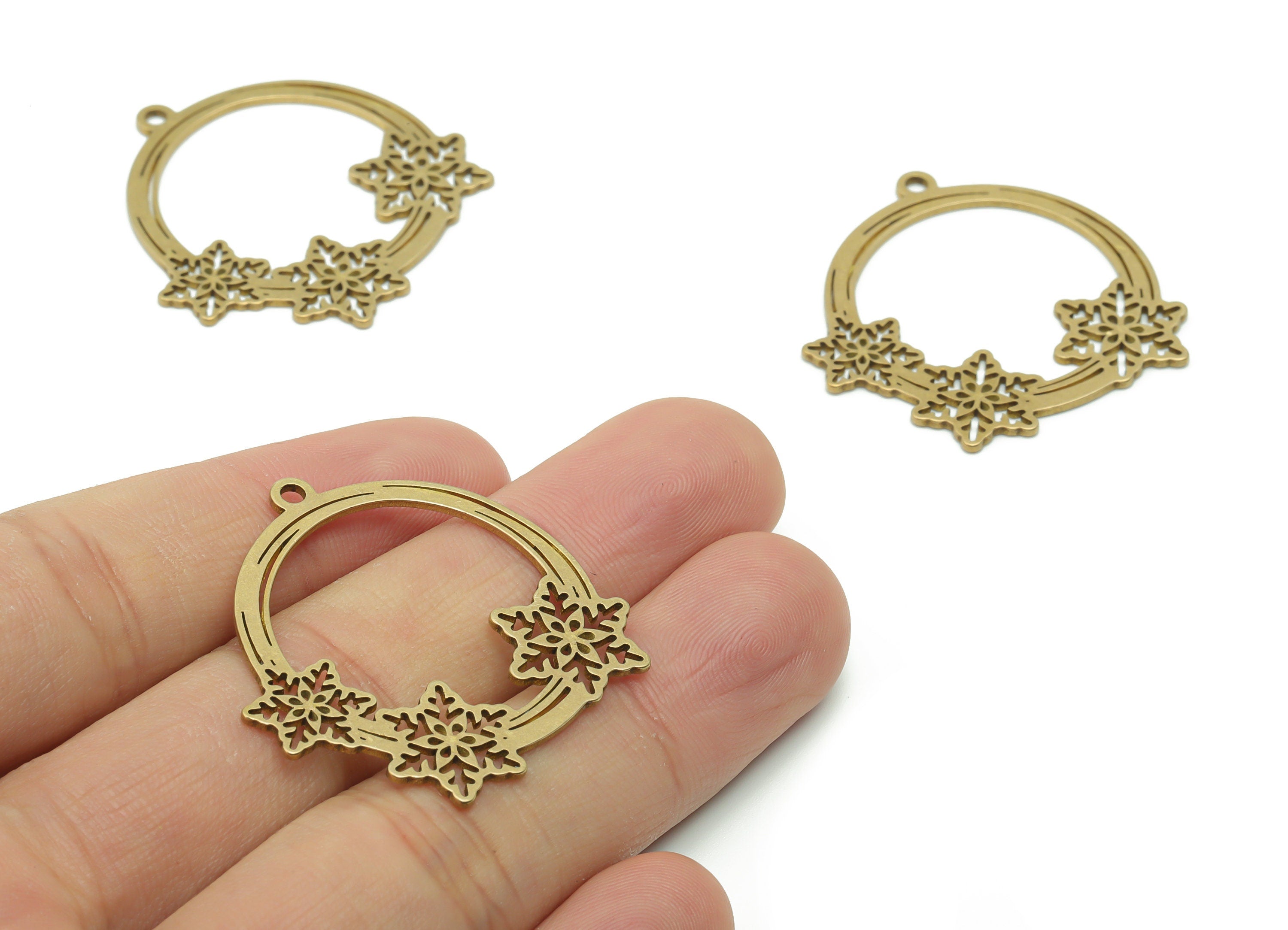 Brass Snowflake Circle Earring Charms - Raw Brass Circle Flower Pendant - Jewelry Making Supplies - 33.87x33.42x0.88mm - PPZ0093 - DOMEDBAZAAR