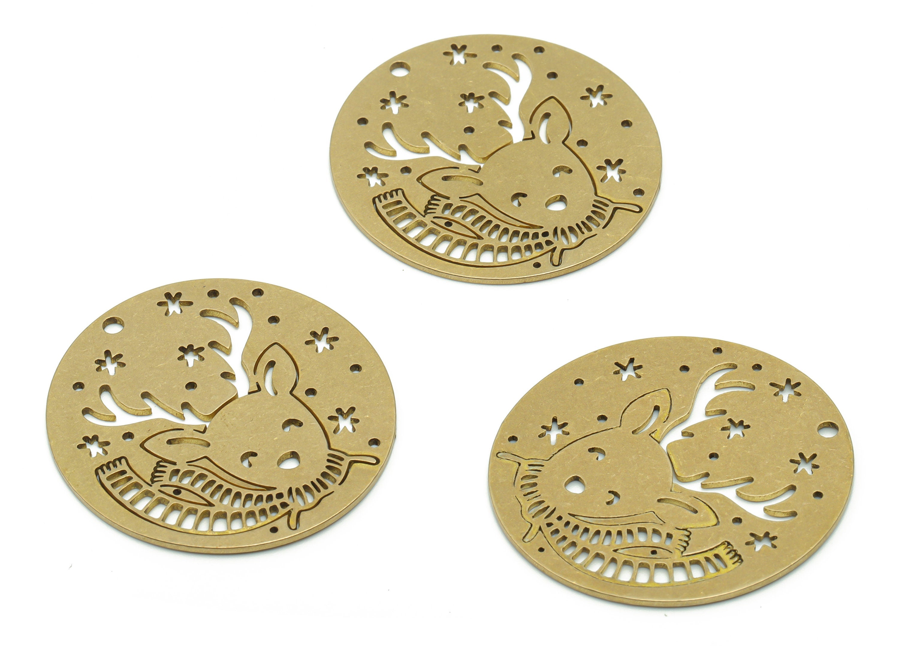 Brass Round Deer Snowflake Earring Charms - Raw Brass Christmas Deer Snowflake Pendant - Jewelry Supplies - 34.77x32.92x0.87mm - PPZ0104 - DOMEDBAZAAR