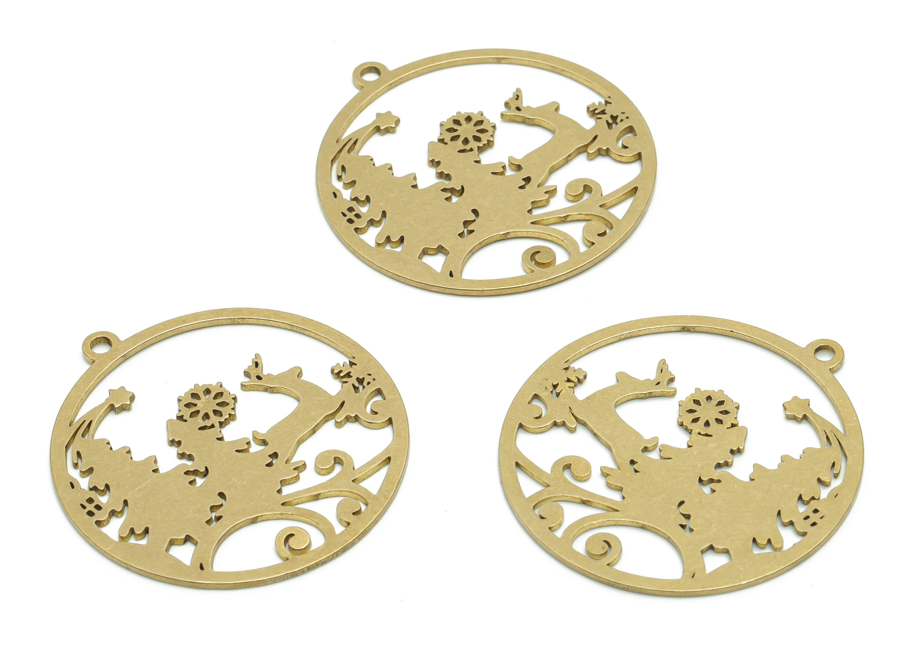 Brass Snowflake Deer Star Pine Earring Charms - Raw Brass Snowflake Deer Star Pine Pendant - Christmas Charm - 37.5x34.82x0.81mm - PPZ0102 - DOMEDBAZAAR