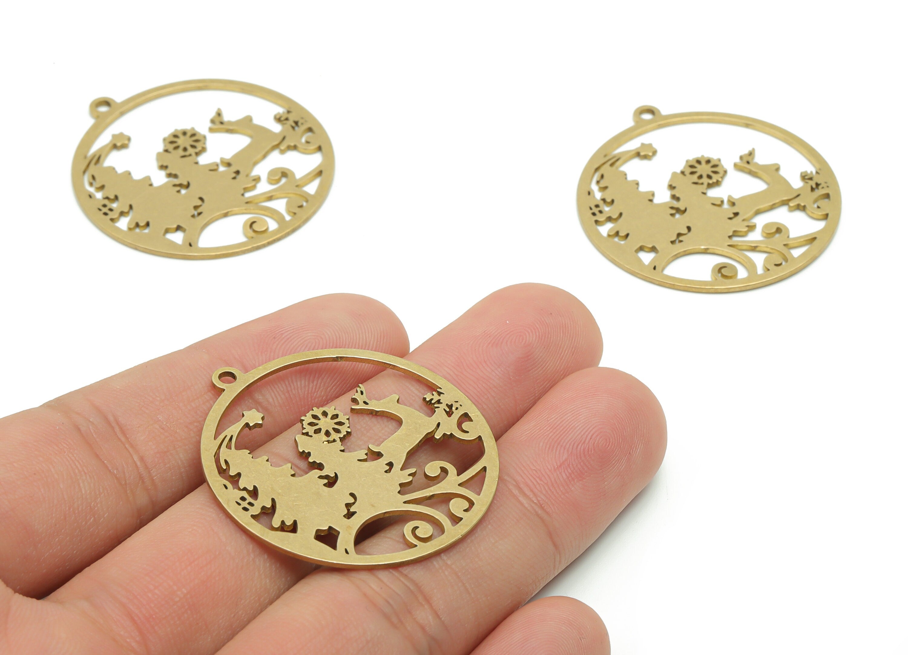 Brass Snowflake Deer Star Pine Earring Charms - Raw Brass Snowflake Deer Star Pine Pendant - Christmas Charm - 37.5x34.82x0.81mm - PPZ0102 - DOMEDBAZAAR