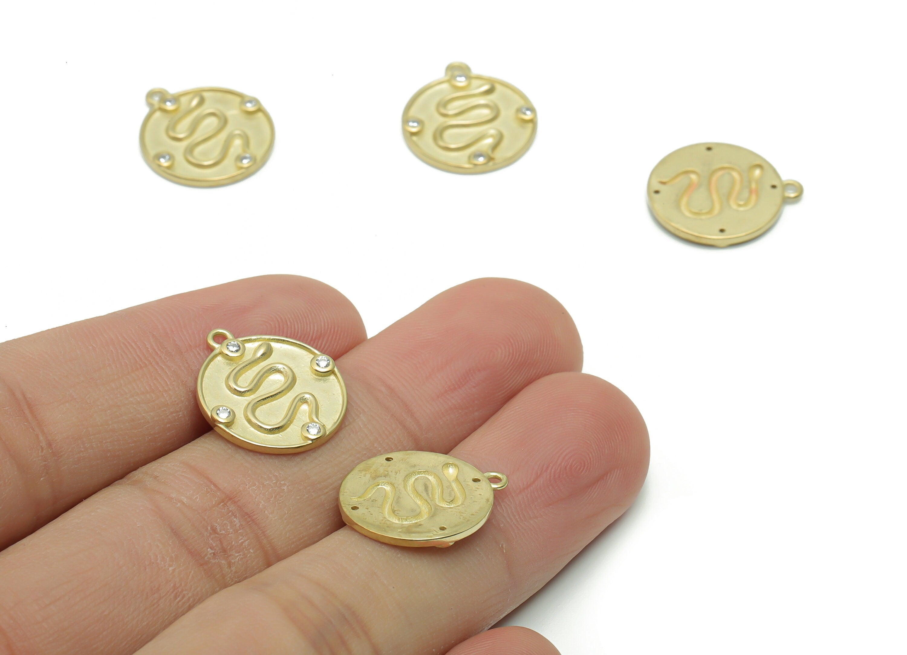 Brass Round Snake Earring Charms With Zircons - Raw Brass Sword Snake Pendant - Jewelry Making Supplies - 17.29x15.14x1.62mm - PP4958 - DOMEDBAZAAR