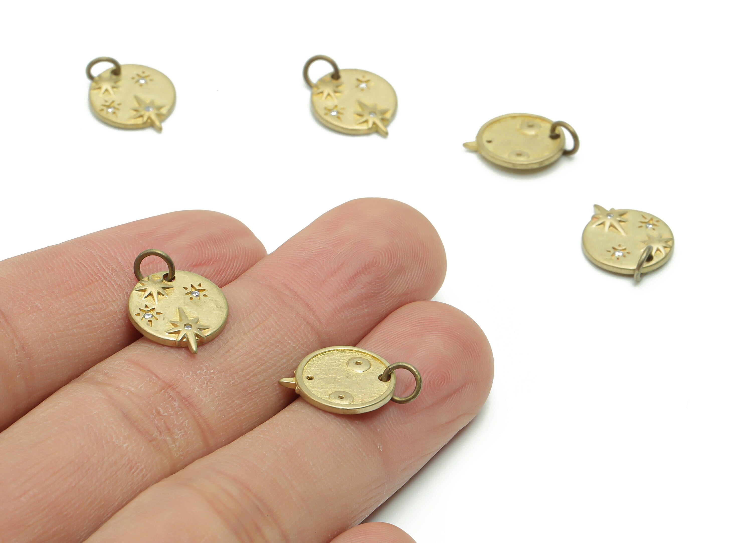 Brass Round Planet Earring Charms With Zircons - Raw Brass Circle Star With Loop Pendant - Jewelry Supplies - 16.39x11.84x1.92mm - PP4948 - DOMEDBAZAAR